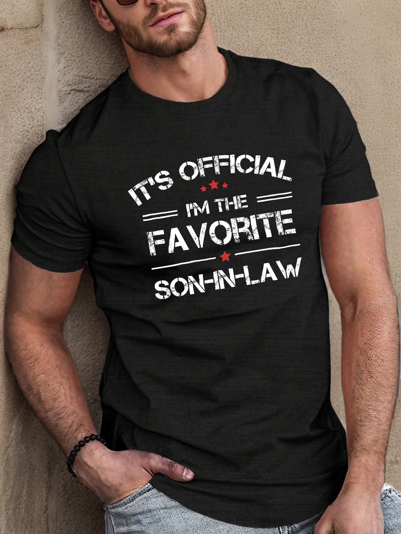 thumbnail image 1 of Summer Fashion Tee for Adults: Men's Casual Short Sleeve T-Shirt with "Favorite Son-in-Law" Print, Geometric Design, Regular Fit, Round Neck, Stretch Polyester Fabric, 1 of 4