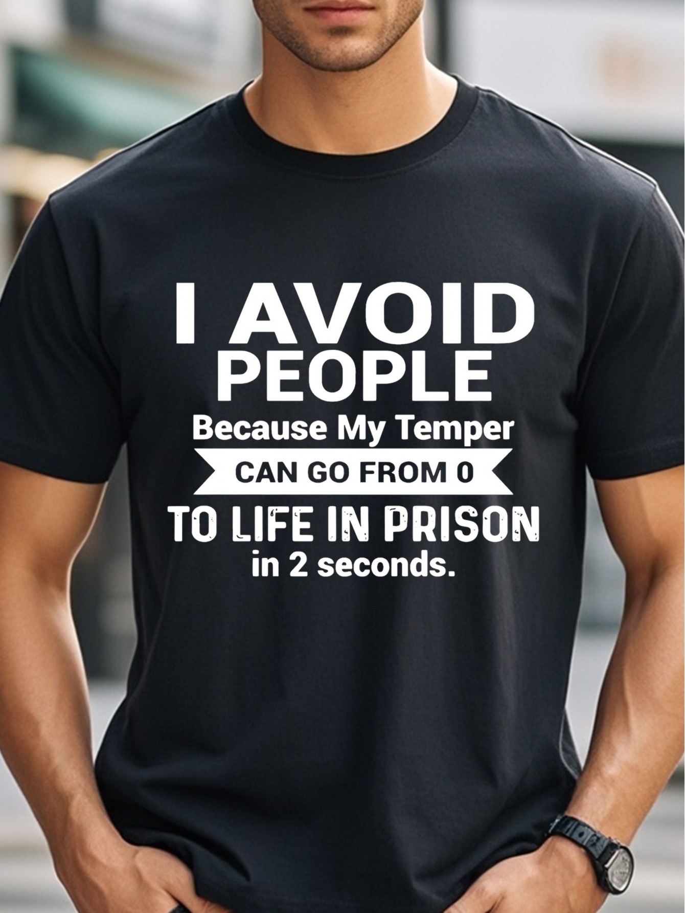 thumbnail image 1 of [Funny Graphic Cotton T-Shirt] 100% Cotton Funny Graphic Men's Crew Neck T-Shirt - Black Soft Moisture-Wicking Quick-Dry Gym-Friendly Hiking Weekend Casual - I AVOID SHIT BECAUSE MY TEMPER CAN GO FRO, 1 of 5
