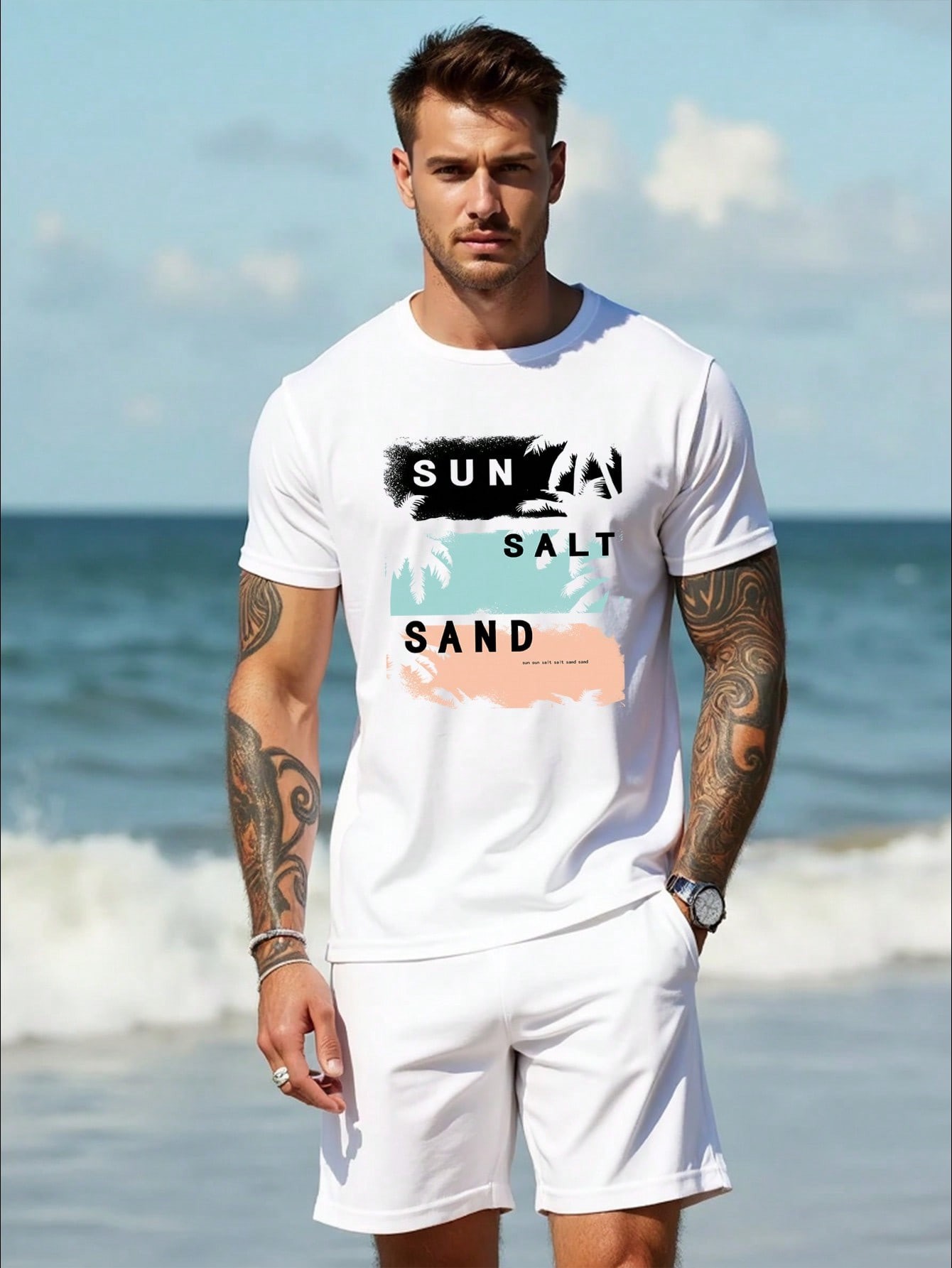 thumbnail image 1 of Manfinity RSRT Fashionable Casual Young Vacation Style Minimalist Letter & Palm Tree Silhouette Printed White Fitted Short Sleeve T-Shirt For Men, Suitable For Outdoor, Vacation, Dates, Parties, Coup, 1 of 7