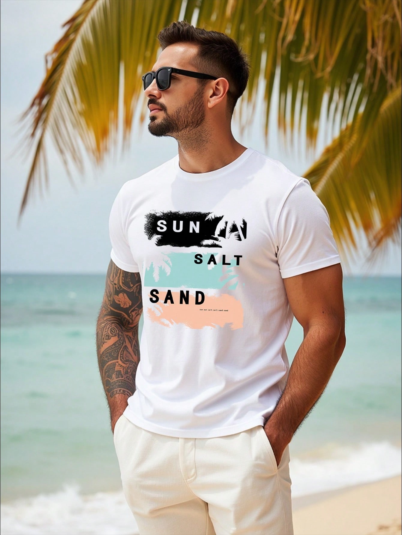 thumbnail image 2 of Manfinity RSRT Fashionable Casual Young Vacation Style Minimalist Letter & Palm Tree Silhouette Printed White Fitted Short Sleeve T-Shirt For Men, Suitable For Outdoor, Vacation, Dates, Parties, Coup, 2 of 7