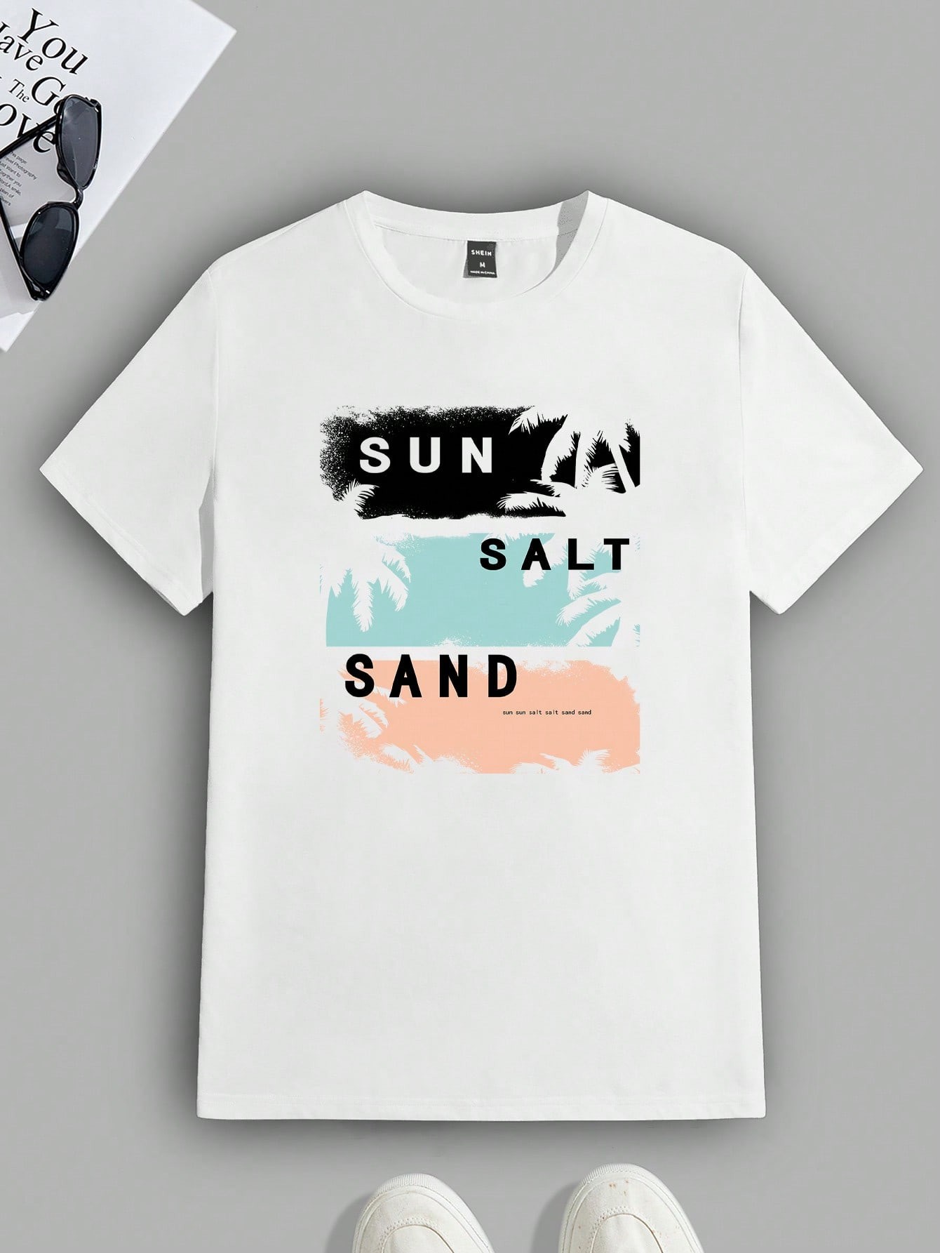 thumbnail image 4 of Manfinity RSRT Fashionable Casual Young Vacation Style Minimalist Letter & Palm Tree Silhouette Printed White Fitted Short Sleeve T-Shirt For Men, Suitable For Outdoor, Vacation, Dates, Parties, Coup, 4 of 7