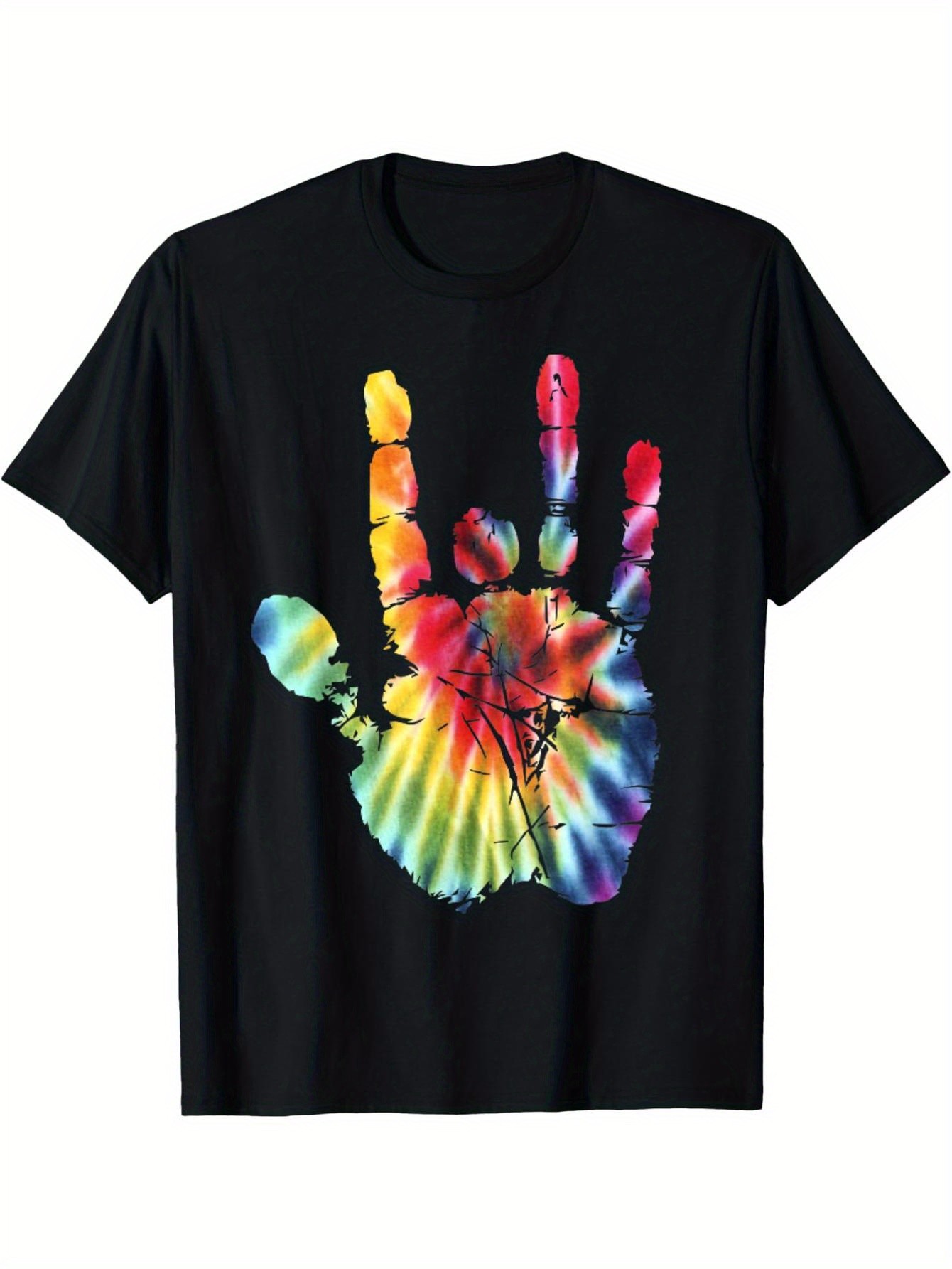 thumbnail image 2 of 1pc Unisex Tie-Dye Jerry Hand Print T-Shirt, 100% Cotton Crew Neck Short Sleeve, Casual All-Season Tee, Slight Stretch Knit Fabric, Digital Heat Transfer Design, Regular Fit - Black, 2 of 6