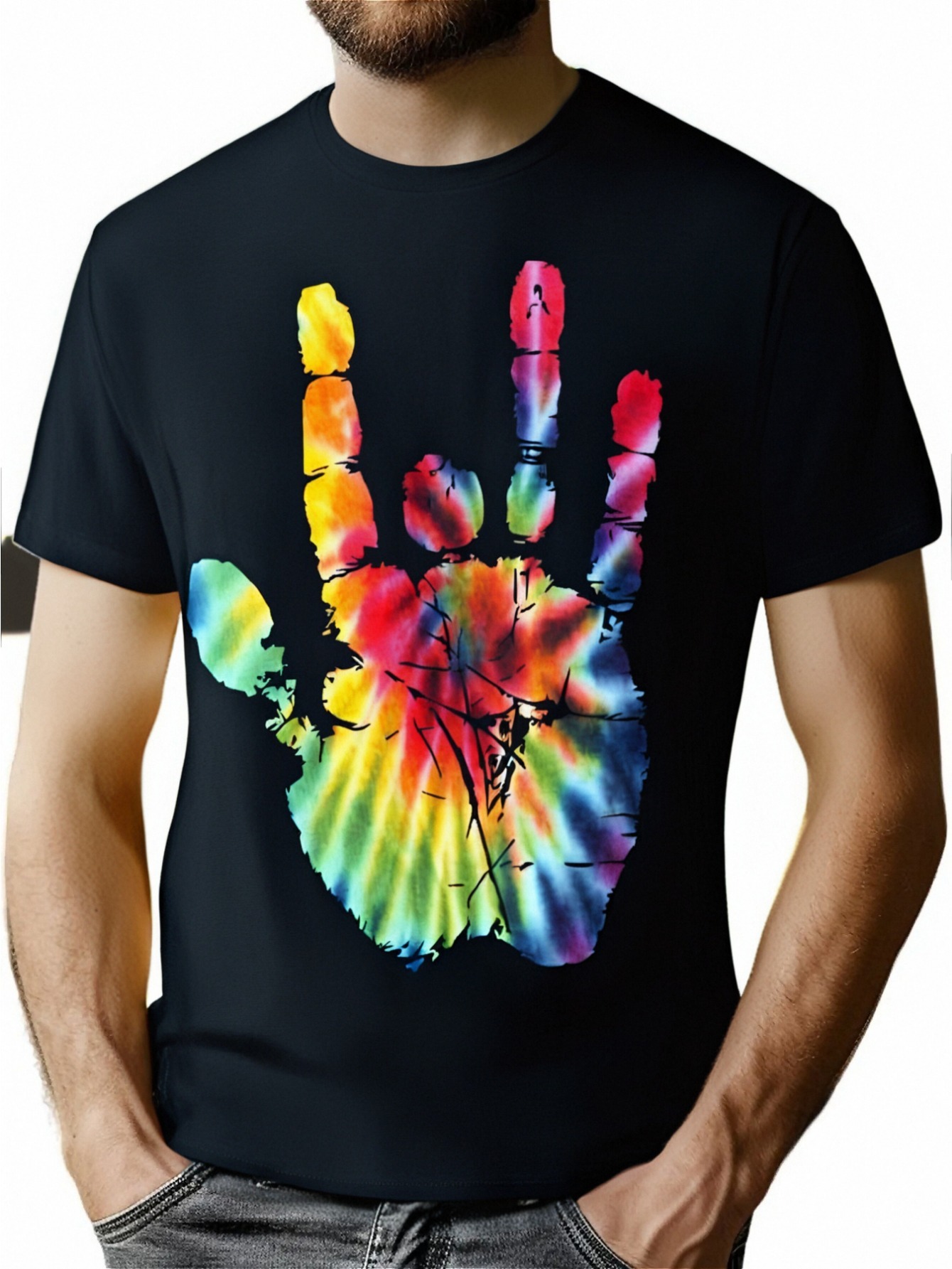 thumbnail image 1 of 1pc Unisex Tie-Dye Jerry Hand Print T-Shirt, 100% Cotton Crew Neck Short Sleeve, Casual All-Season Tee, Slight Stretch Knit Fabric, Digital Heat Transfer Design, Regular Fit - Black, 1 of 6