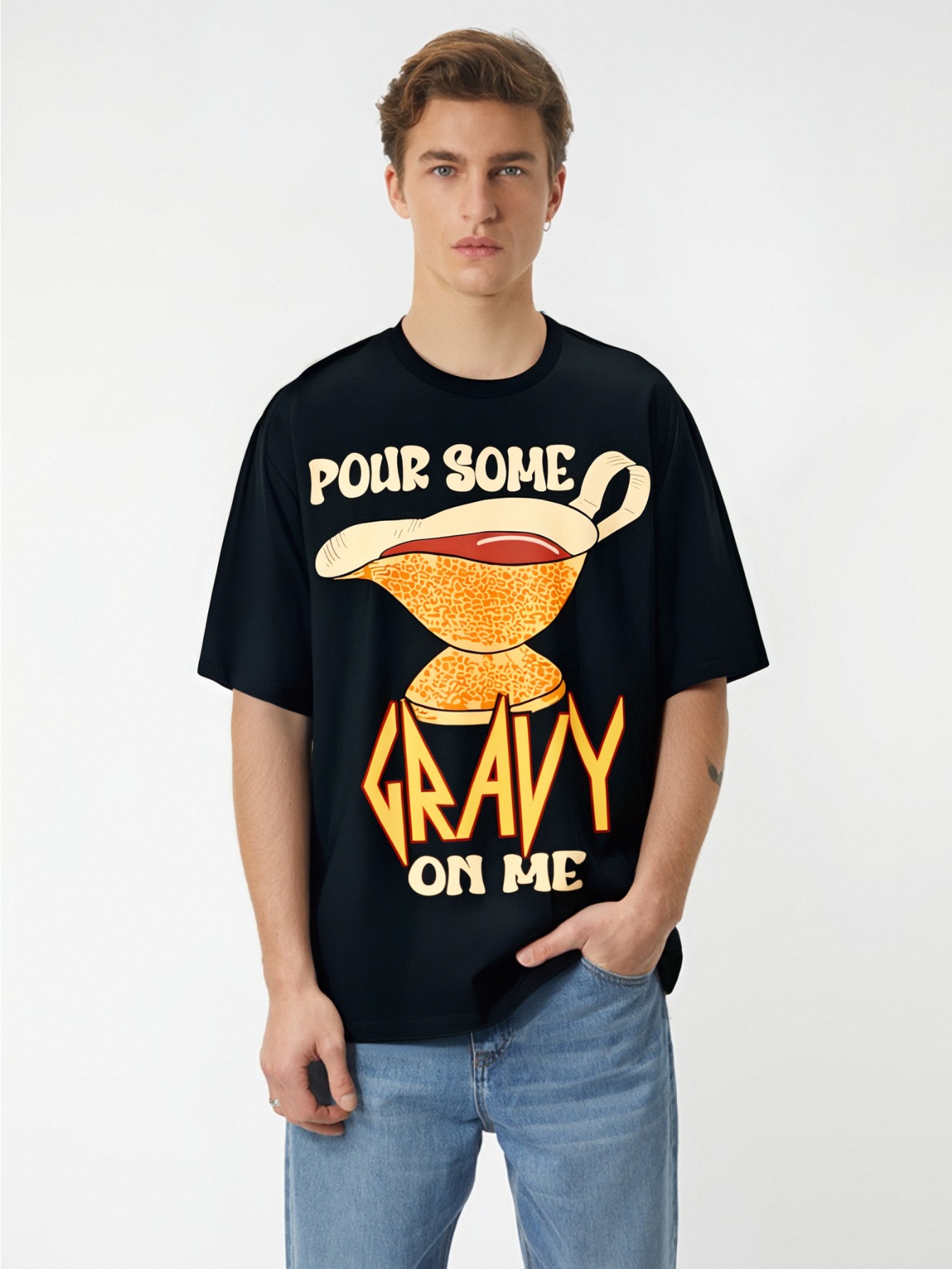 thumbnail image 1 of Funny Turkey Day Thanksgiving Quote Pour Some Gravy On Me Printed T-shirt Comfortable Breathable, Soft, Casual Short Sleeve, Daily Wear, All Season, Black Men 220g, 1 of 6