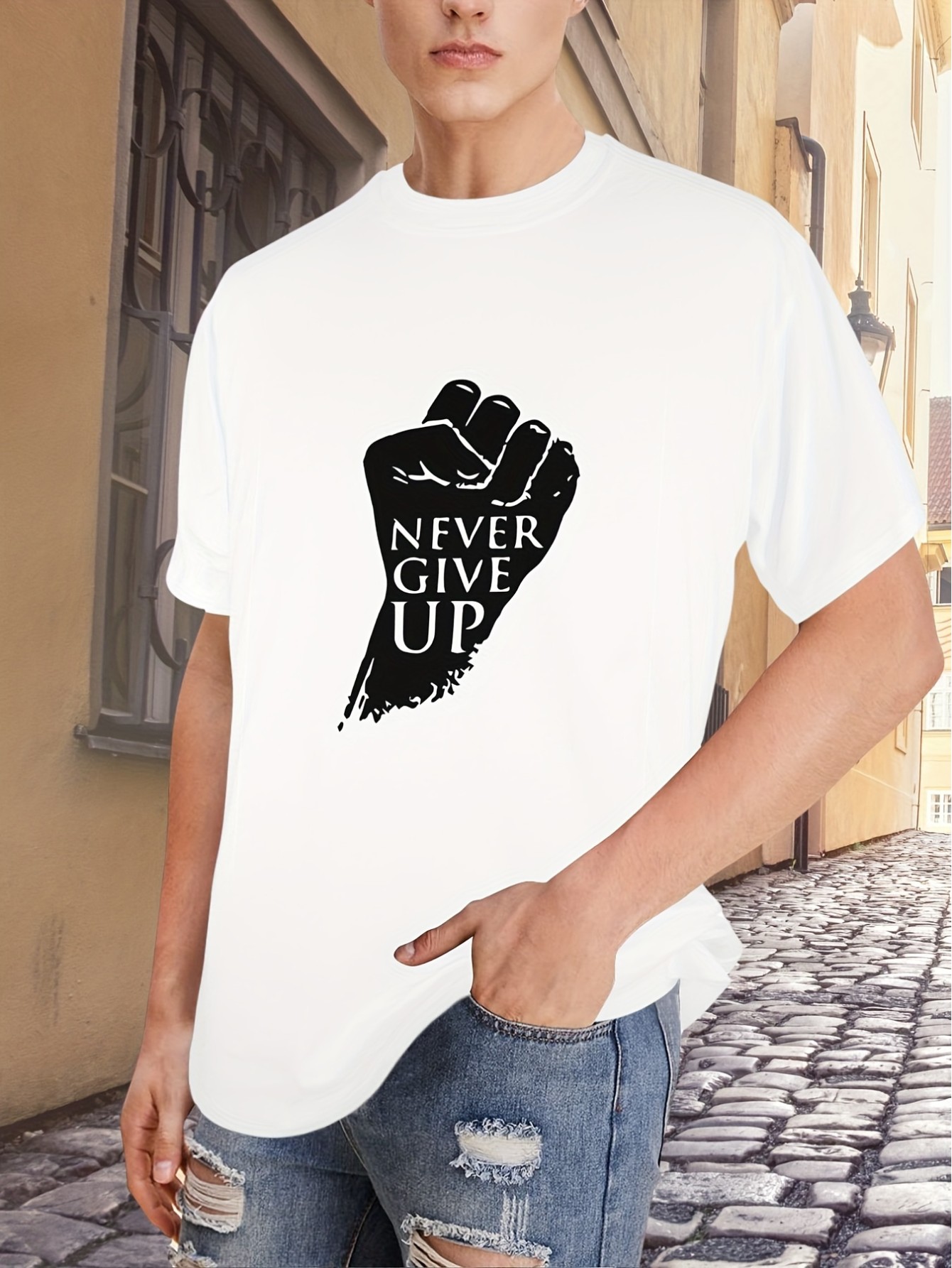 thumbnail image 1 of Never Give Up Print Tee Shirt, Tees For Men, Casual Short Sleeve T-shirt For Summer, 1 of 5