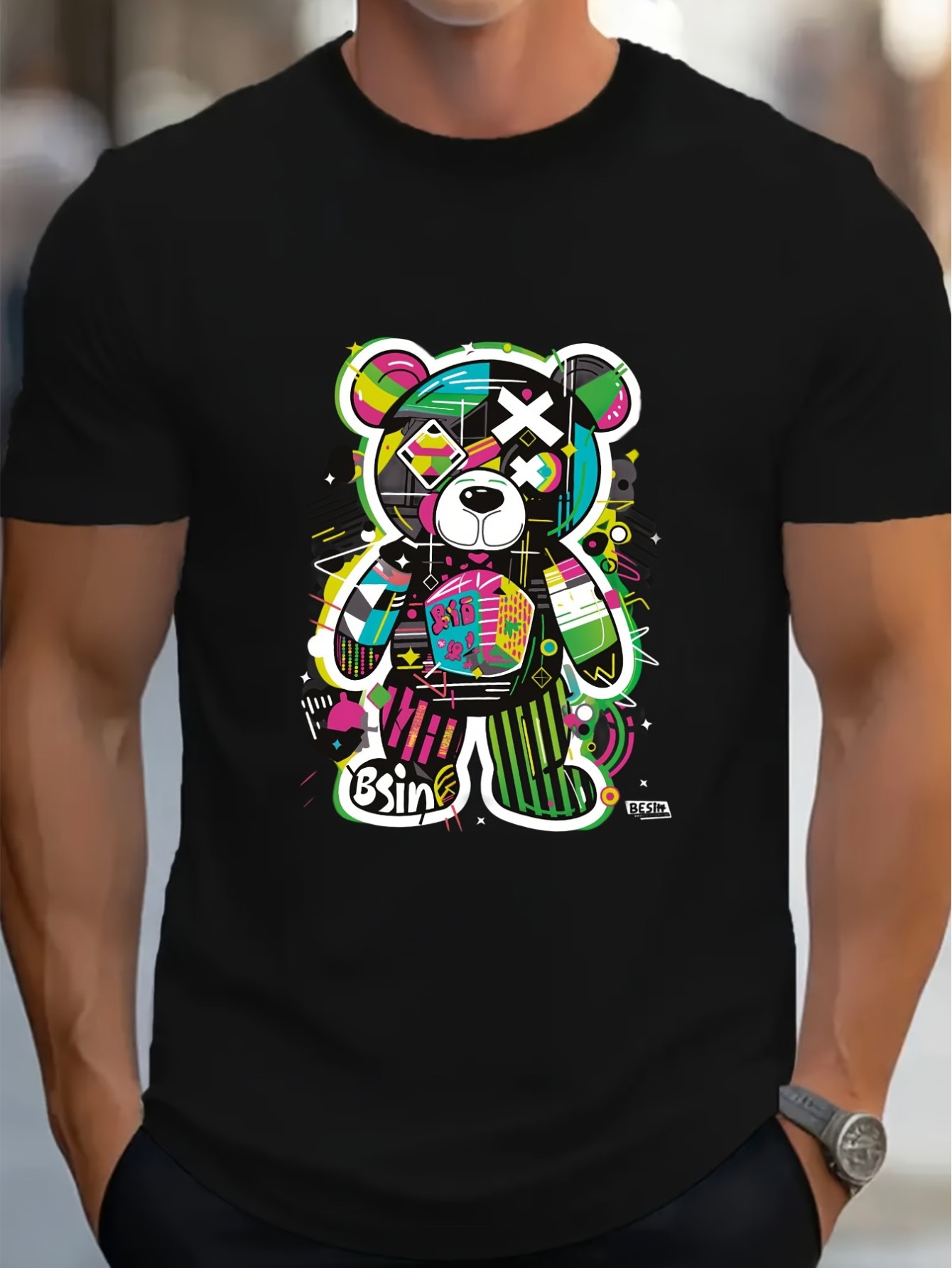 thumbnail image 1 of GRAFFITI BEAR Print, Men's Graphic T-shirt, Casual Comfy Tees For Summer, Mens Clothing, 1 of 4