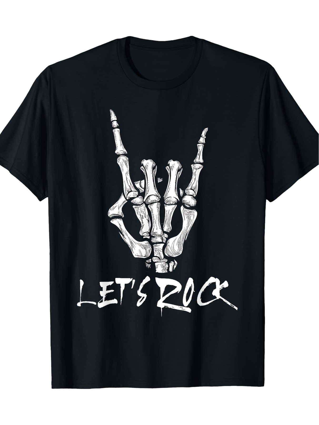 thumbnail image 2 of Let's Rock" Skeleton Hand Graphic Tee - 100% Cotton, 220g, Casual Black T-Shirt with Machine Washable Digital Print, Short Sleeves, Round Neck for All Seasons, 2 of 7