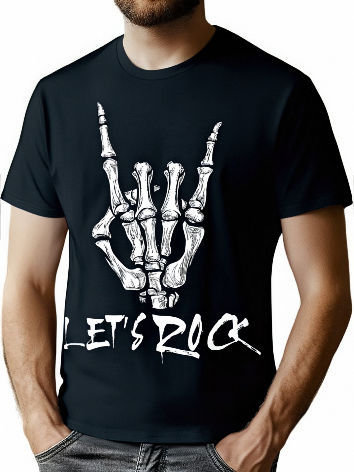 thumbnail image 1 of Let's Rock" Skeleton Hand Graphic Tee - 100% Cotton, 220g, Casual Black T-Shirt with Machine Washable Digital Print, Short Sleeves, Round Neck for All Seasons, 1 of 7