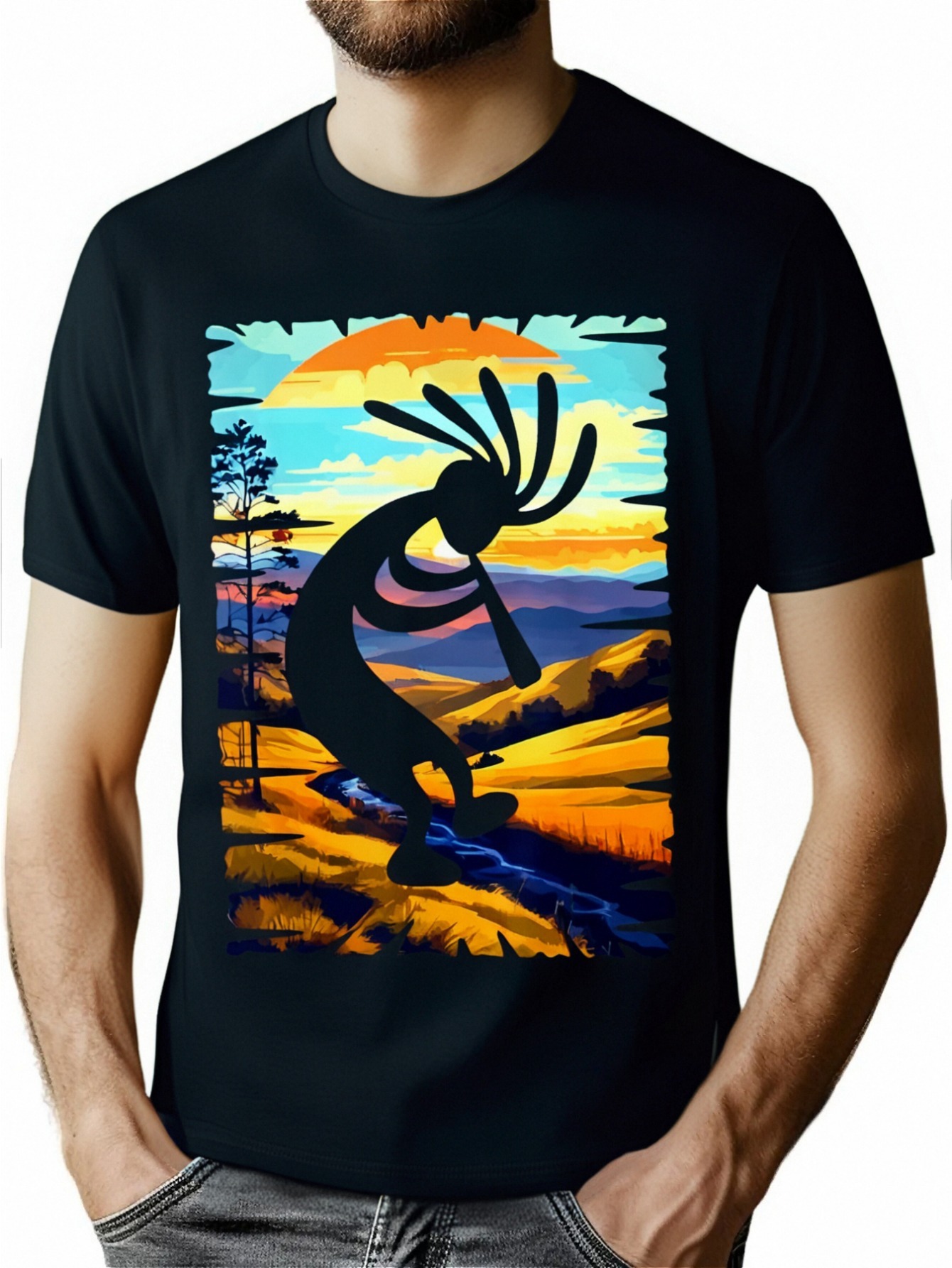 Kokopelli Dancing Graphic Tee - 100% Cotton, Perfect Gift for Men, Dad, Husband, Grandpa - Casual Round Neck T-Shirt in Black, Sizes S-XXXL