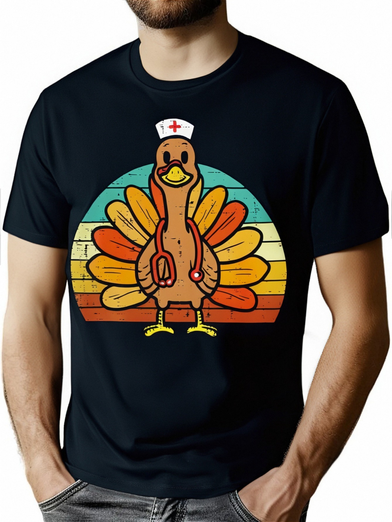thumbnail image 1 of Turkey Nurse Stethoscope Thanksgiving Fall Men T-Shirt - 220g, 1 of 7
