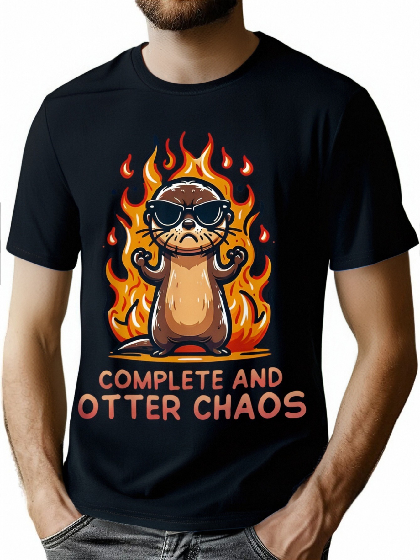 thumbnail image 1 of [Cotton Otter T-Shirt] 100% Cotton Men's Graphic T-Shirt - Complete Otter Chaos Design with Fashion Glasses & Flames, Black Casual Short Sleeve Tee for Summer, Perfect Gift for Otter Lovers, 1 of 7