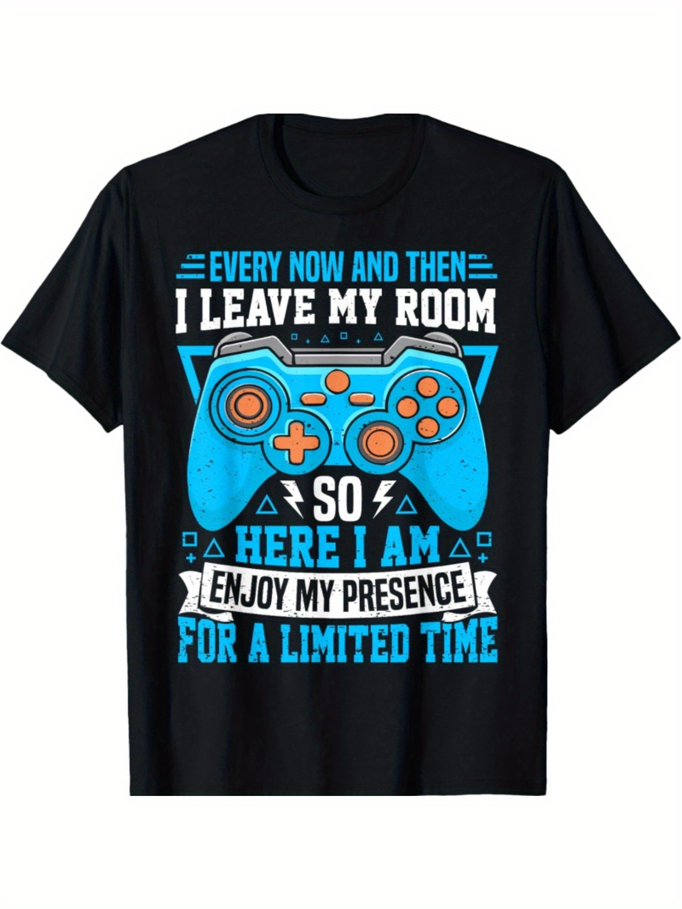 thumbnail image 2 of Funny Gamer T-Shirt for Men & Women – "I Leave My Room So Here I Am" Video Game Design, Casual Cotton Tee, Black with Blue & Orange Graphics, Round Neck, All-Season Comfort Fit, Clothing | Casual Rou, 2 of 7