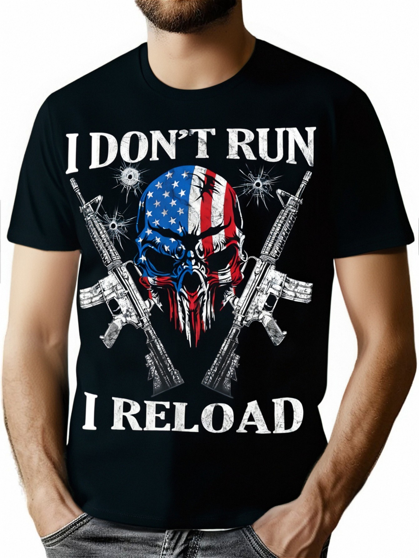 thumbnail image 1 of [I Don't Run, Gun Rights Tee] AR-15 Skull American Flag 100%Cotton T-Shirt - I Don't Run I Reload Gun Rights - 220g, 1 of 7