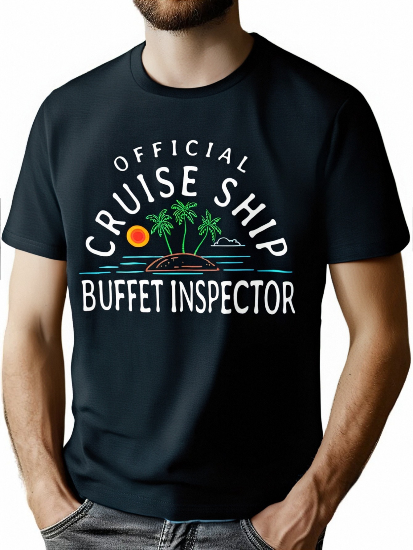 thumbnail image 1 of [Crew Neck Cotton Regular Fit Tee] [1pc Tropical Cruise Ship Print T-Shirt] Men'S Cotton T-Shirt, Crew Neck, Slight Stretch, Regular Fit, Knit Fabric, with Tropical Cruise Ship Buffet Inspector Print, 1 of 6