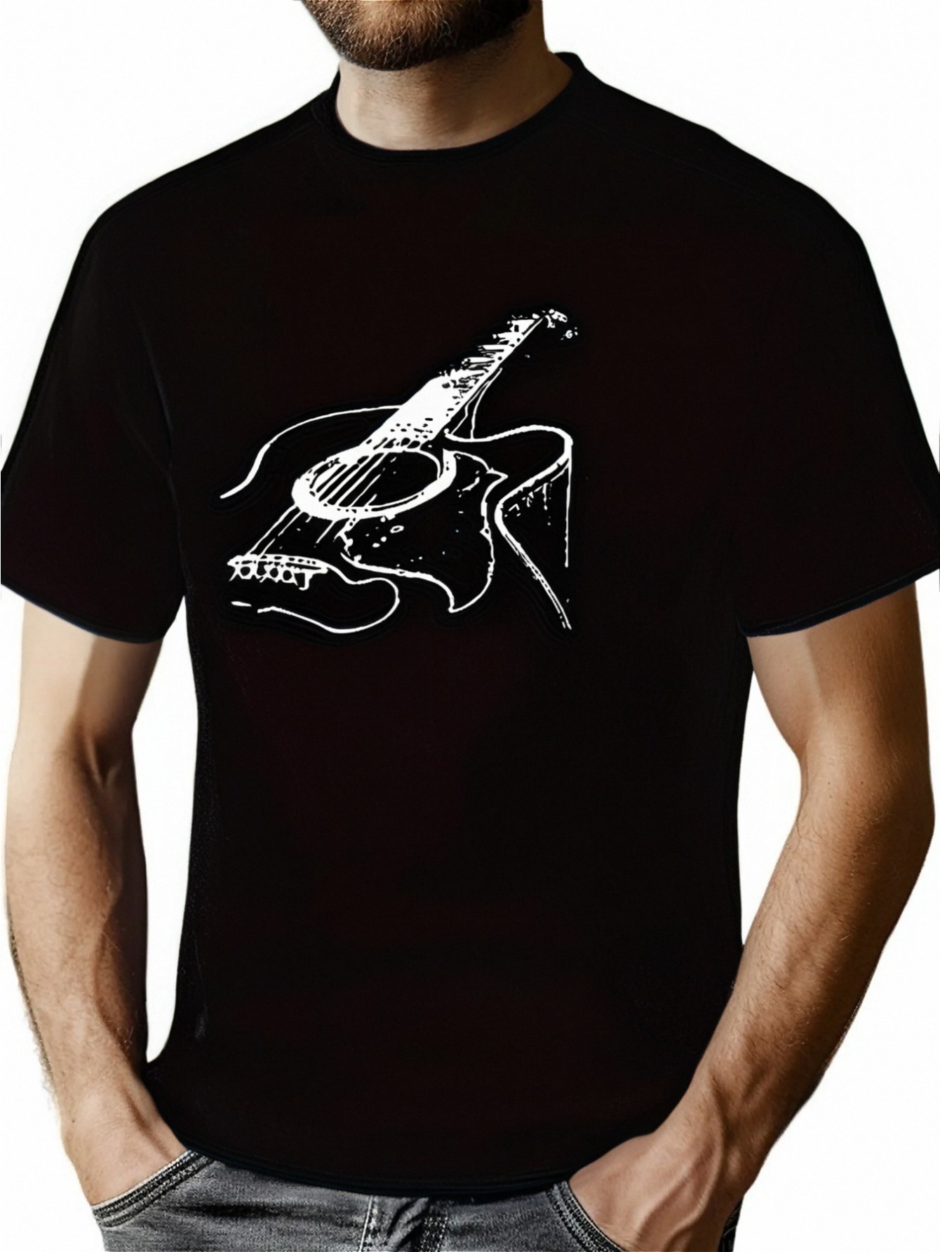 thumbnail image 1 of MBDMBD Men's Trendy Guitar Print T-Shirt - Casual Crew Neck, Short Sleeve, Breathable Polyester Blend, Machine Washable - Perfect for Summer, 1 of 6