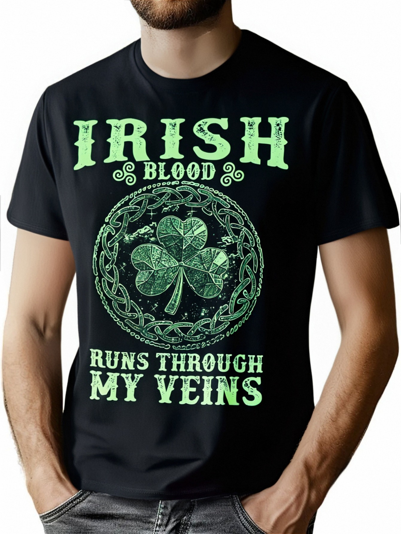 thumbnail image 1 of [Cotton St. Patrick's Day Tee] 100% Cotton, Breathable St. Patrick's Day "Irish Blood Runs Through My Veins" T-Shirt - Ideal for Outdoor Activities, Casual Wear, Sizes S-XXXL, 1 of 6