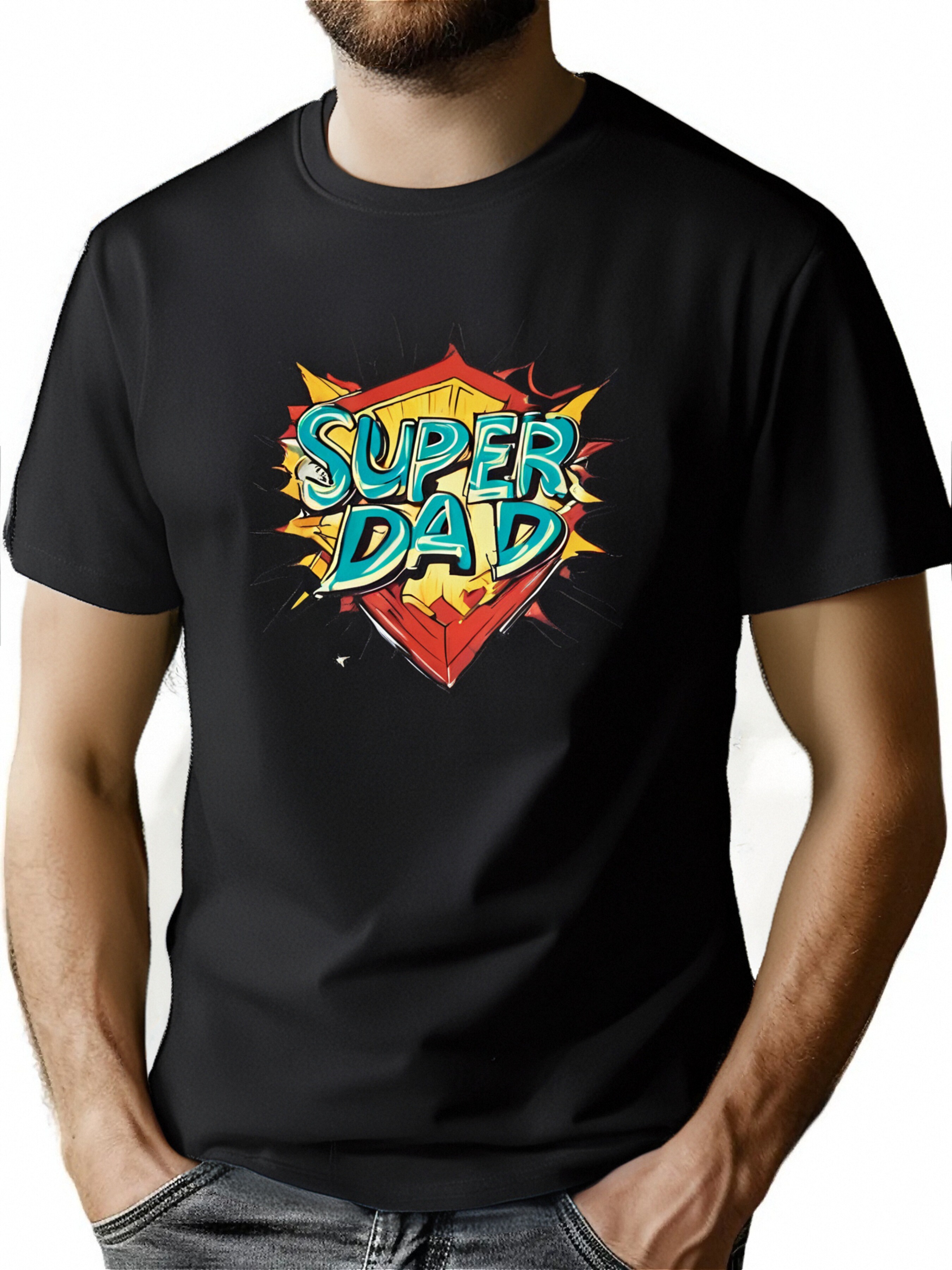 thumbnail image 1 of Super Dad Print, Men's Trendy Comfy T-shirt, Casual Slightly Stretch Breathable Tee For Outdoor, 1 of 6