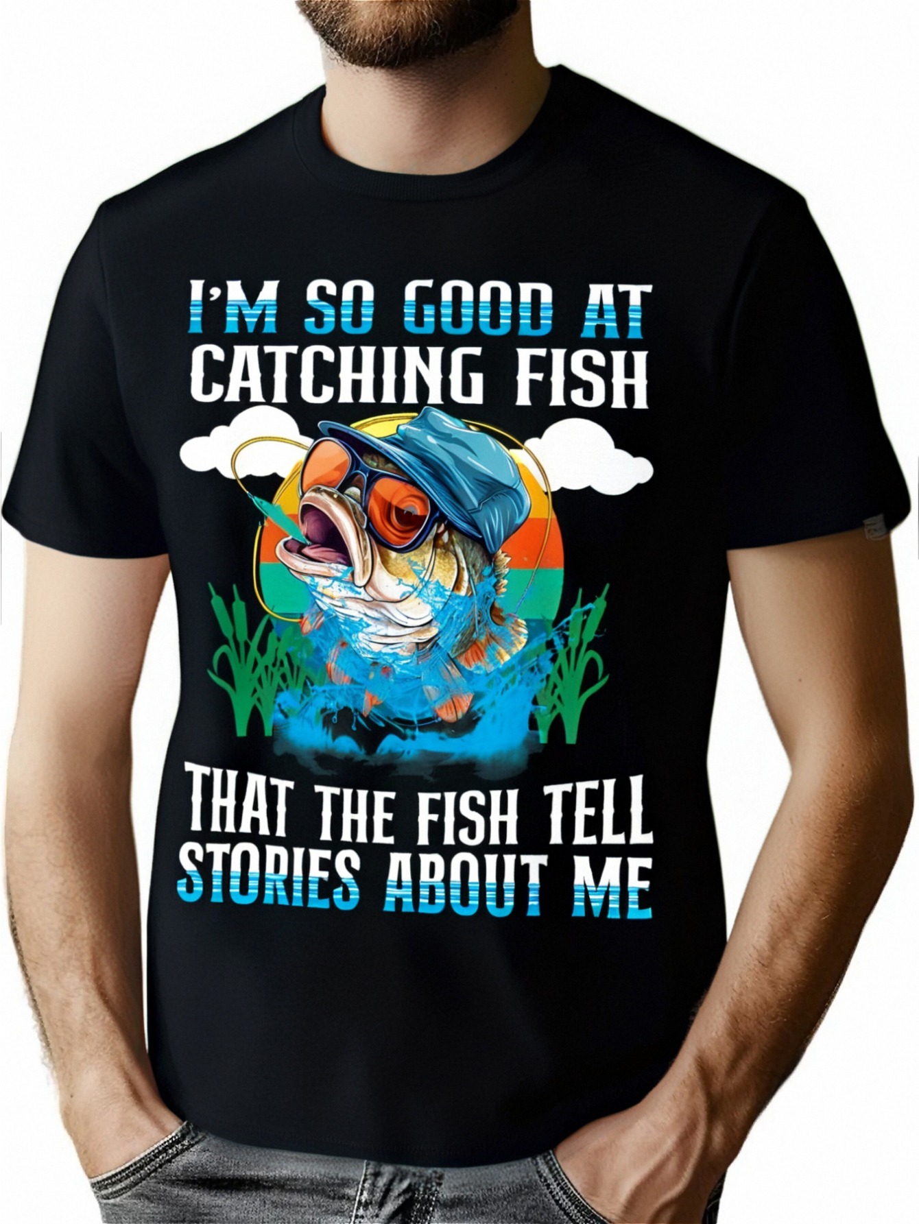 thumbnail image 1 of Men's Fun Fishing Graphic Tee - Soft Cotton, Breathable & Comfortable, Vibrant Blue & Orange with Fashion Glasses Fish Print, Perfect for Summer, Fishing Gift, 1 of 7
