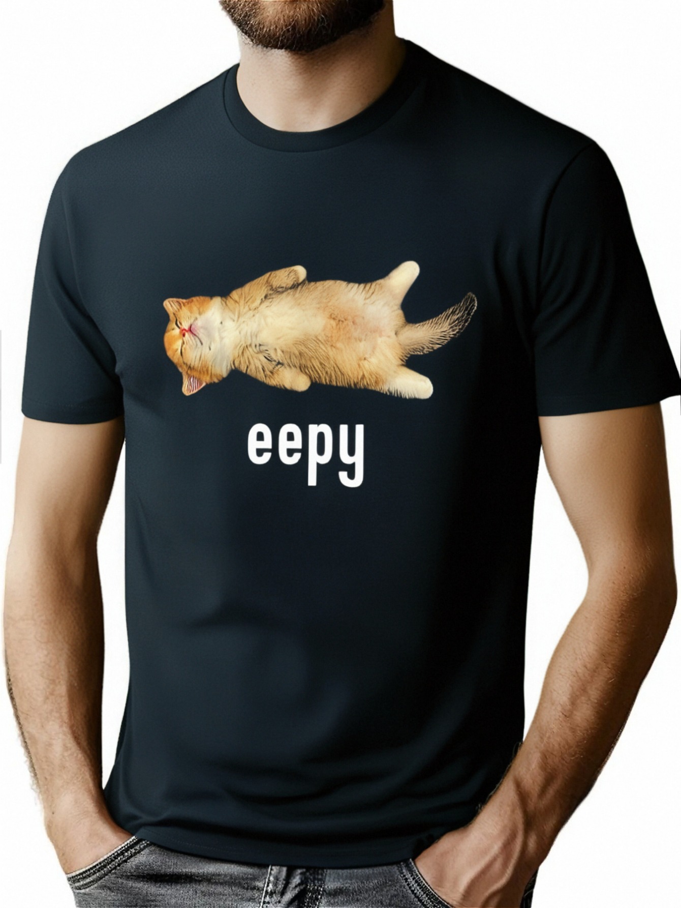thumbnail image 1 of [Cotton Eepy Cat Tee] Cotton Eepy Cat Print T-shirt - Casual Summer Tee, Trendy Crew Neck Comfort Street Style, 1 of 6