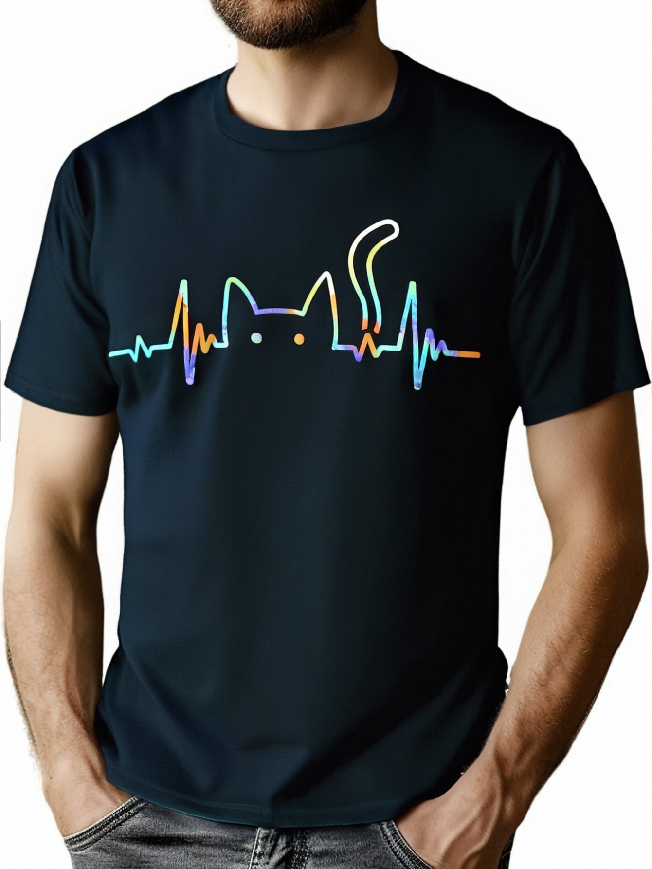 Men's Heartbeat Cat Graphic T-Shirt - Soft Cotton, Short Sleeve, Round Neck, Casual & Stylish for Casual Attire, Parties, and Outdoor Activities