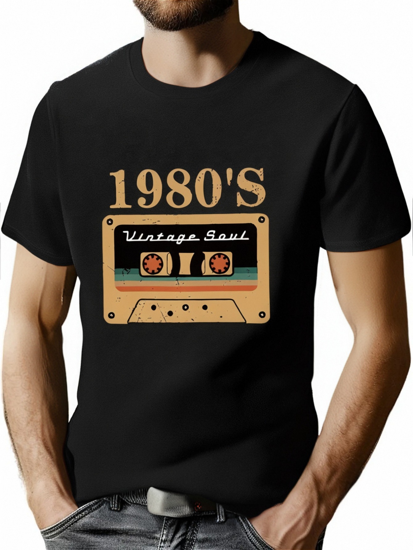 thumbnail image 1 of 2025 Men's Summer Leisure Letter & Tape Print Round Neck Short Sleeve T-Shirt, 1 of 6