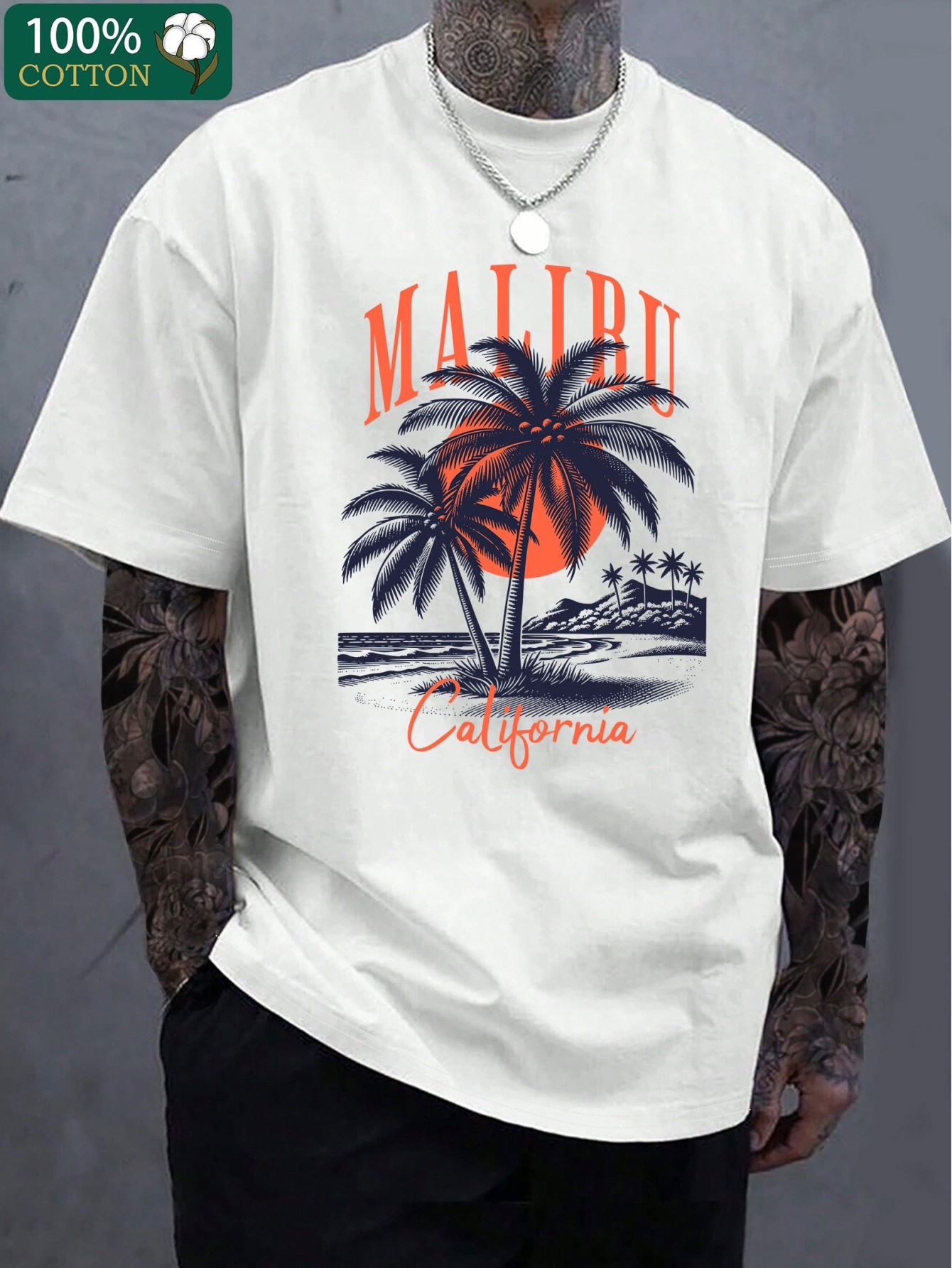 thumbnail image 1 of [Tropical Beach Graphic Tee] 220g Thickened Cotton California Tropical Beach Graphic Print T-shirt - Men's Fashion Casual Short Sleeve Crew Neck, 1 of 6
