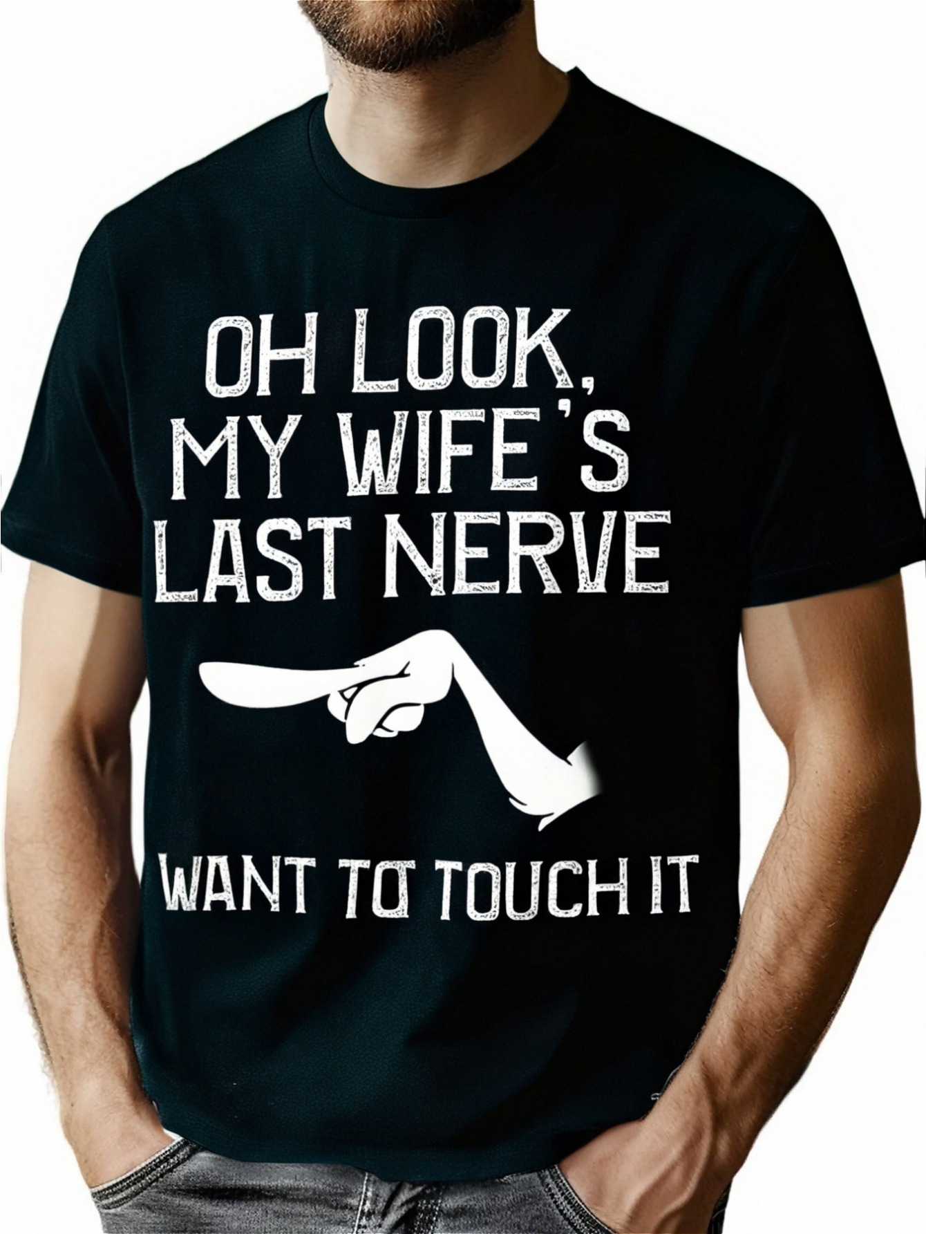 1pc Funny Men's Cotton T-Shirt - Sarcastic Marriage Meme "Oh Look, My Wife's Last Nerve" Graphic Tee, Black with White Text, Casual Round Neck, Machine Washable, Perfect for Humor on the Go