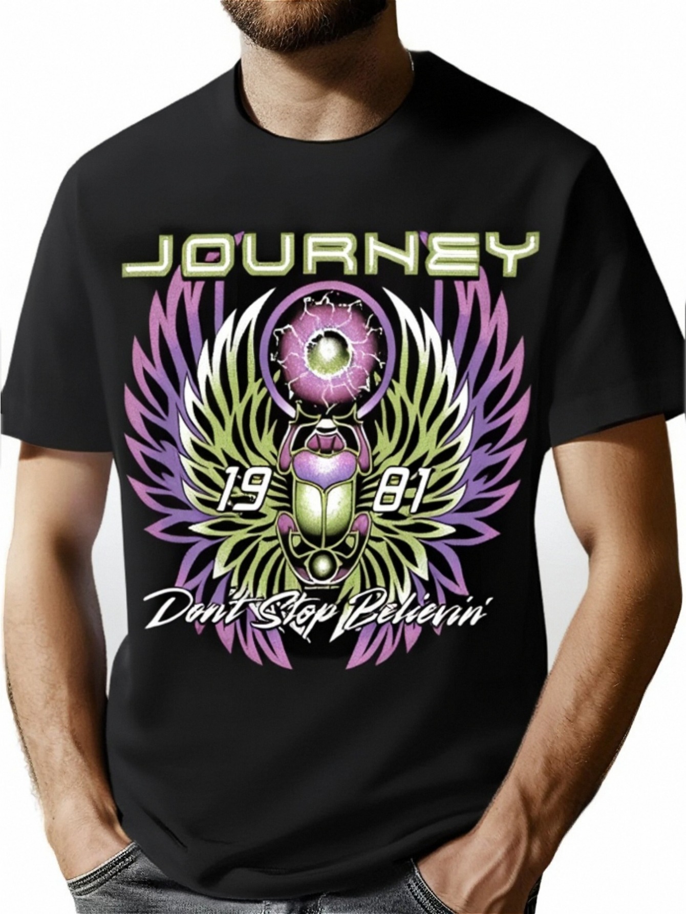 thumbnail image 1 of Bold Style, Journey "Don't Stop Believin'" 1981 Men's T-Shirt - Casual Cotton Crew Neck with Vibrant Winged Graphic Print, All-Season Comfort Fit, Casual Wear|Retro Journey Shirt|Knitted Texture, 1 of 6