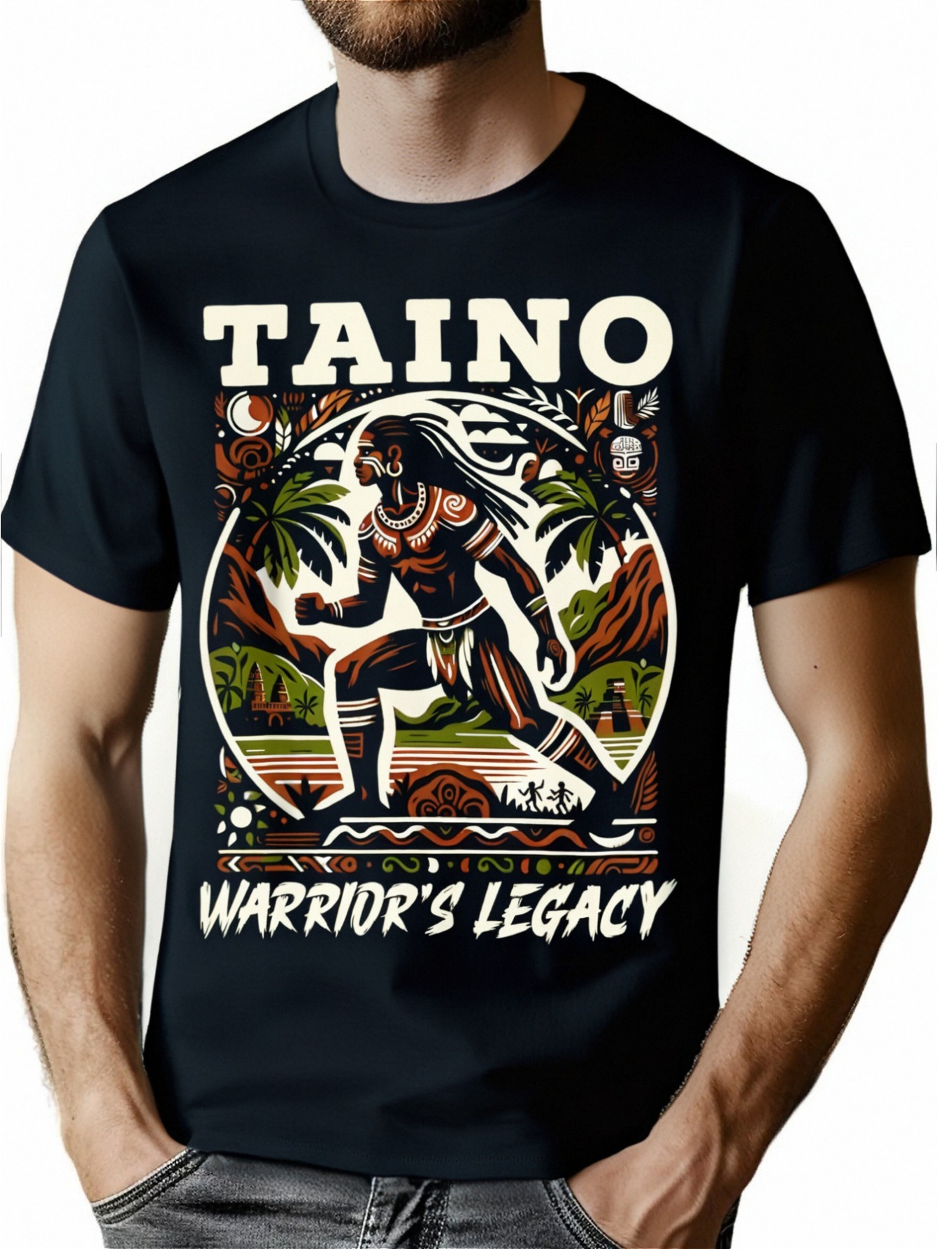 thumbnail image 1 of Taino Warrior Graphic Tee - 220g Cotton, Short Sleeve, Crew Neck - Puerto Rico & Caribbean Culture Inspired T-Shirt, 1 of 6