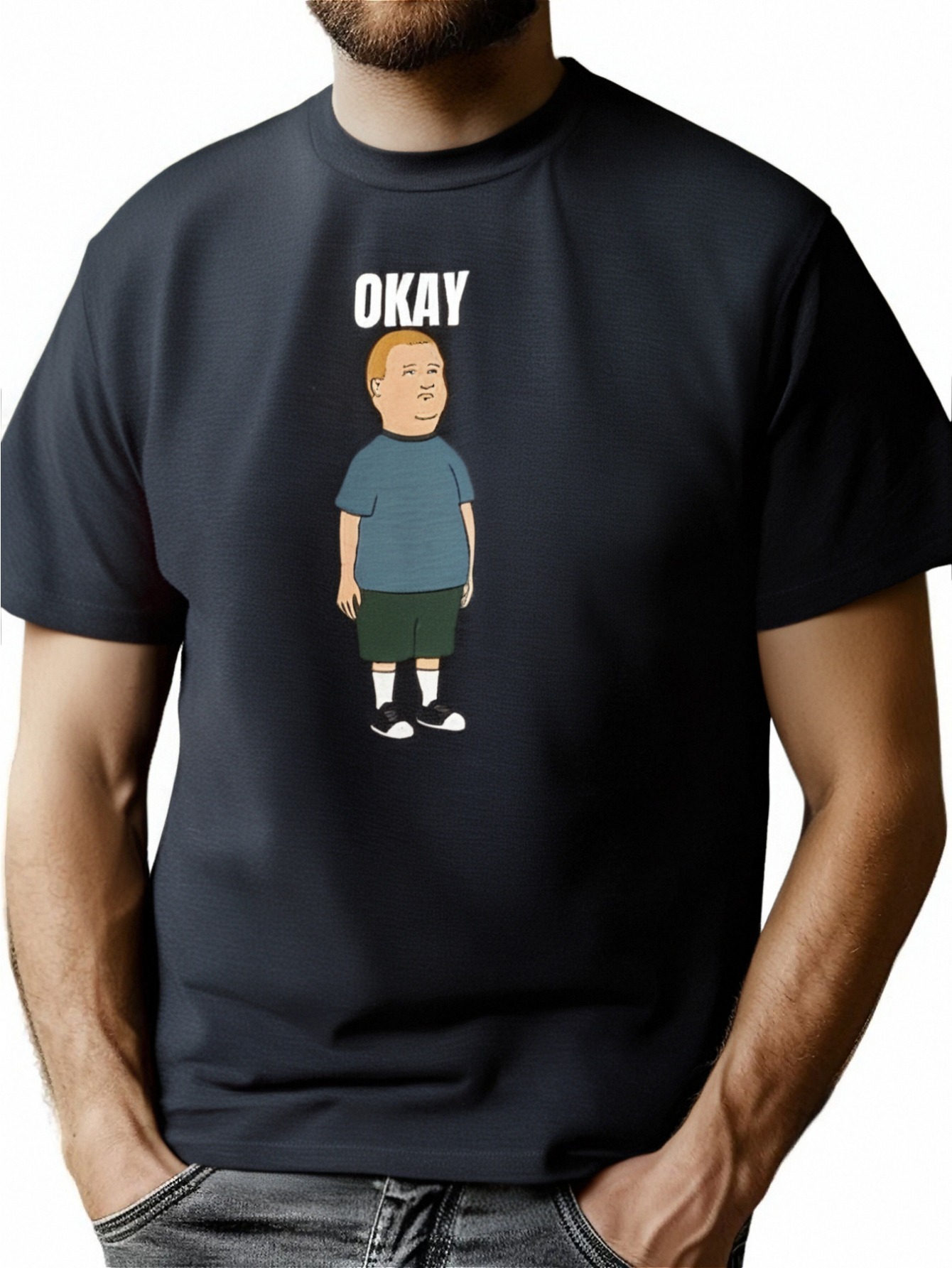 thumbnail image 1 of [Home Relaxation] King of the Hill Bobby Hill "OKAY" Graphic Tee - Heavy Cotton T-Shirt, Black with White Print, Comfortable & Stylish Casual Wear for Everyday, Running, or Cycling, 1 of 6
