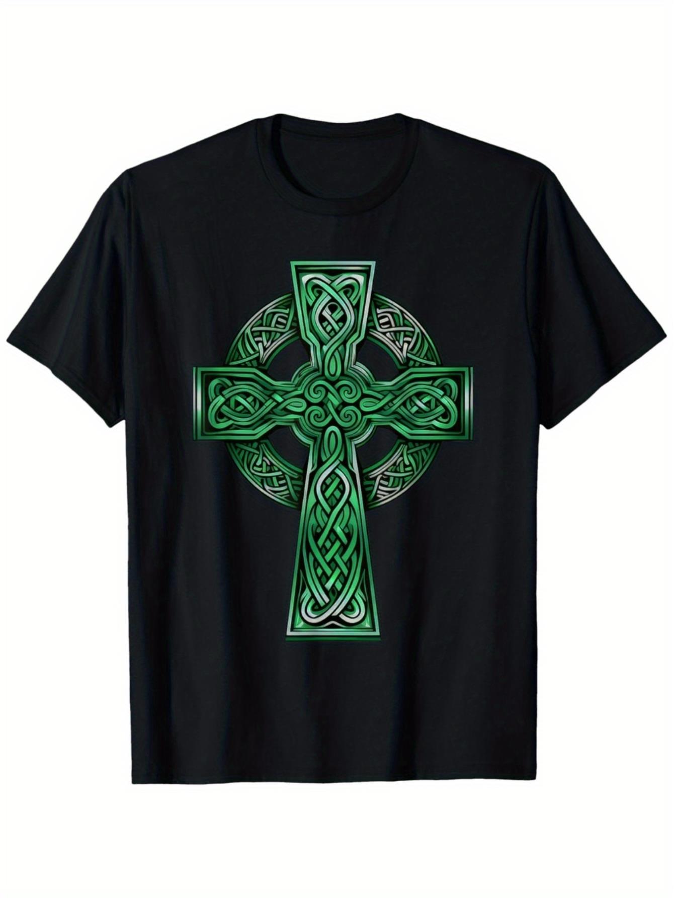 thumbnail image 1 of [Soft Celtic Cross] Super Soft Men's Celtic Cross T-Shirt - 100% Cotton, Breathable, Casual Crew Neck, Short Sleeve with Green Knot Design - Ideal for St. Patrick's Day, Daily Wear & Holiday Gifts, 1 of 6