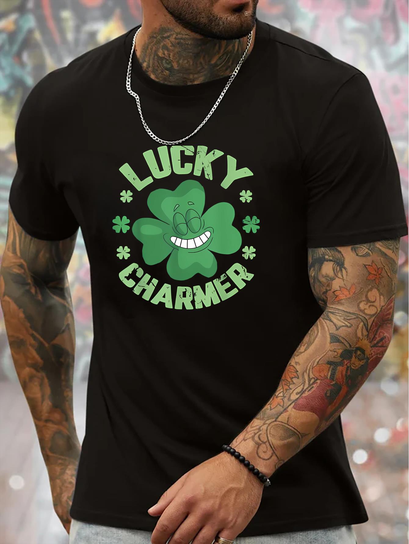 thumbnail image 1 of St. Patrick's Day LUCKY CHARMER Letter Graphic Print Men's Creative Top, Casual Short Sleeve Crew Neck T-shirt, Men's Clothing For Summer Outdoor, 1 of 5