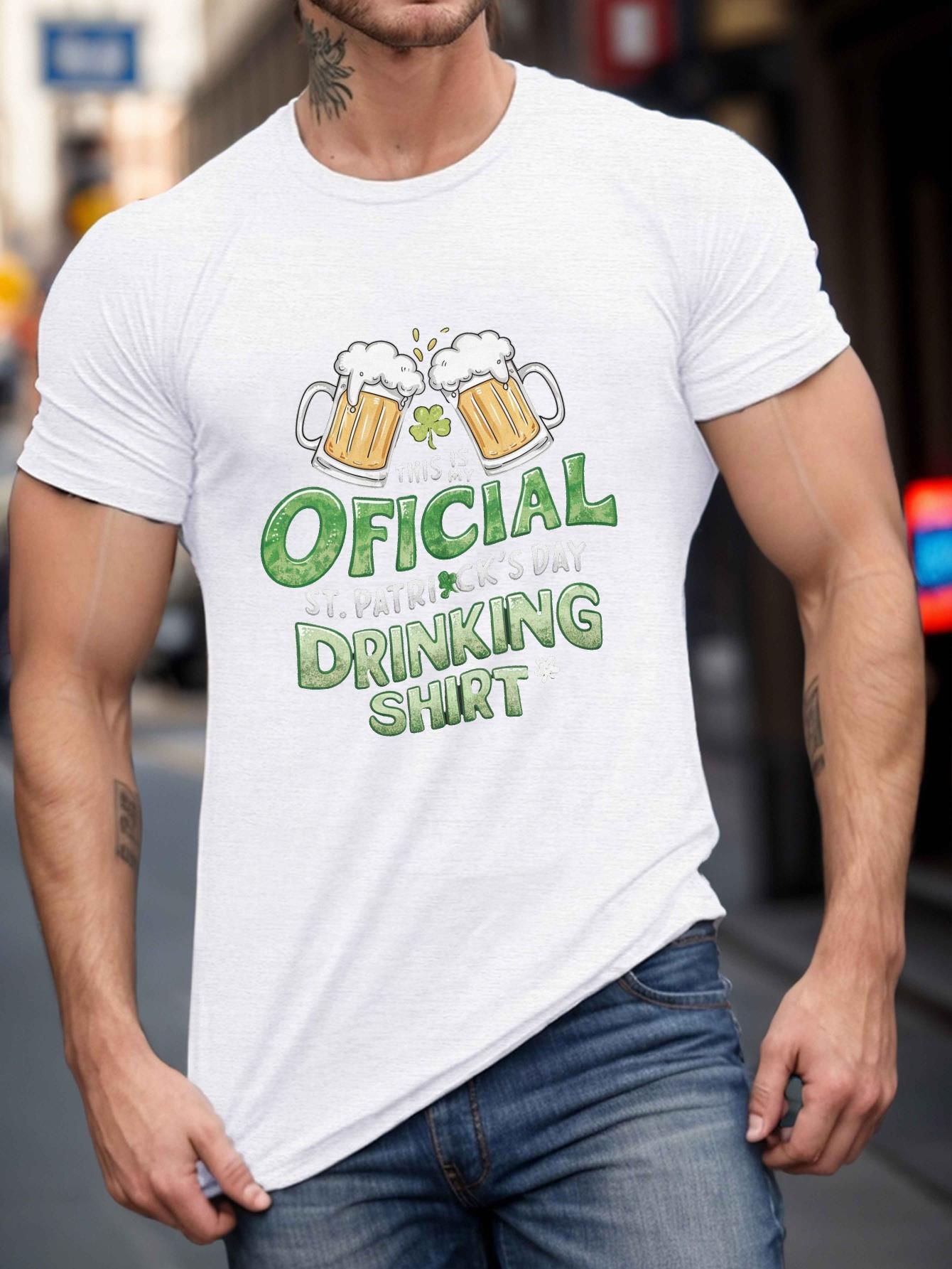 Plus Size Men's St. Patrick's Day T-Shirt - "Official Drinking Shirt" with Beer Mugs Graphic, Casual Crew Neck, Short Sleeve, Breathable Polyester, Machine Washable, Beer Shirt, PLUS SIZE