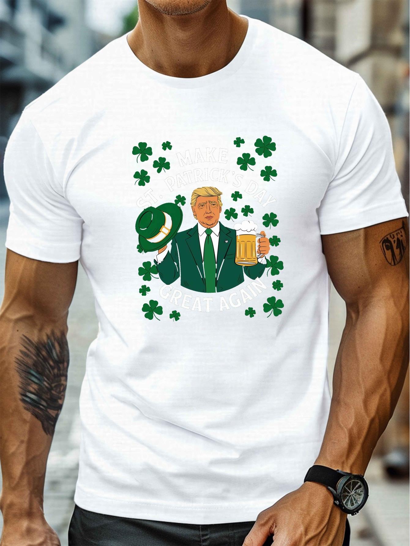 thumbnail image 1 of [Holiday Cheer] Men's St. Patrick's Day Graphic T-Shirt - "Make America Great Again" Design with Shamrock & Beer Mug Illustration, Casual Crew Neck Short Sleeve Tee for Summer, Black Polyester Blend,, 1 of 5