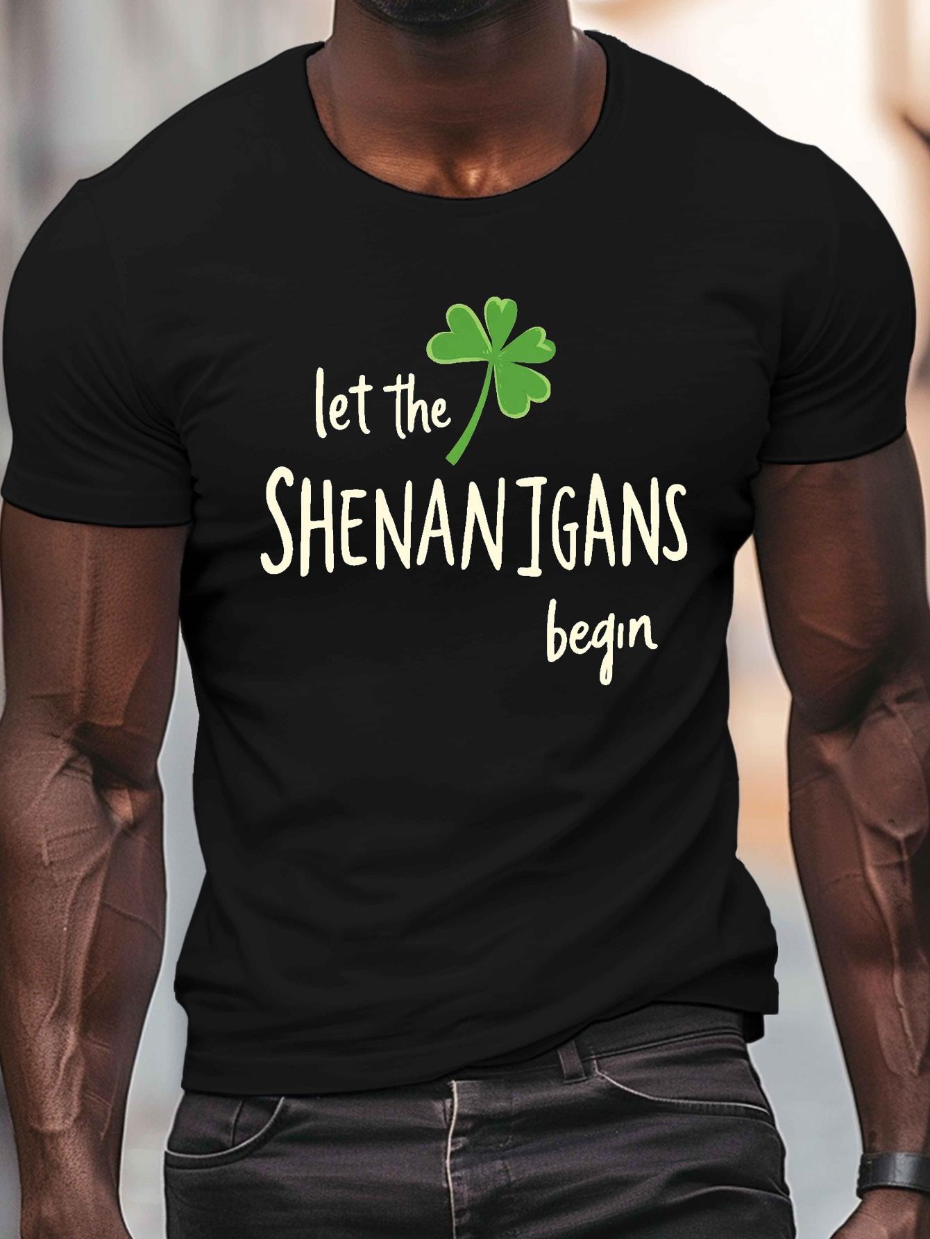 thumbnail image 1 of Men's St. Patrick's Day "Let the Shenanigans Begin" Print Crew Neck Short Sleeve T-Shirt, 100% Polyester Knit Fabric, Geometric Pattern, Regular Fit, Lightweight Summer Top, Dark Navy Blue, 1 of 4