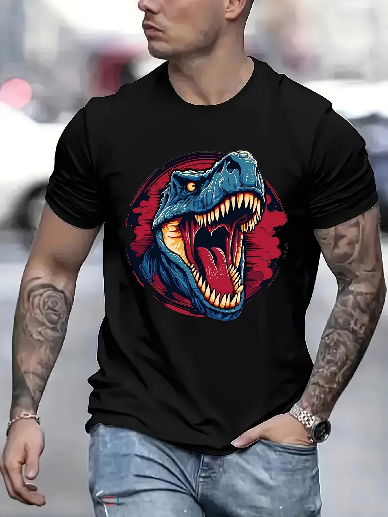 thumbnail image 2 of Dinosaur Print Men's Crew Neck Fashionable Short Sleeve Sports T-shirt, Comfortable And Versatile, For Summer And Spring, Athletic Style, Comfort Fit T-Shirt, As Gifts, 2 of 7