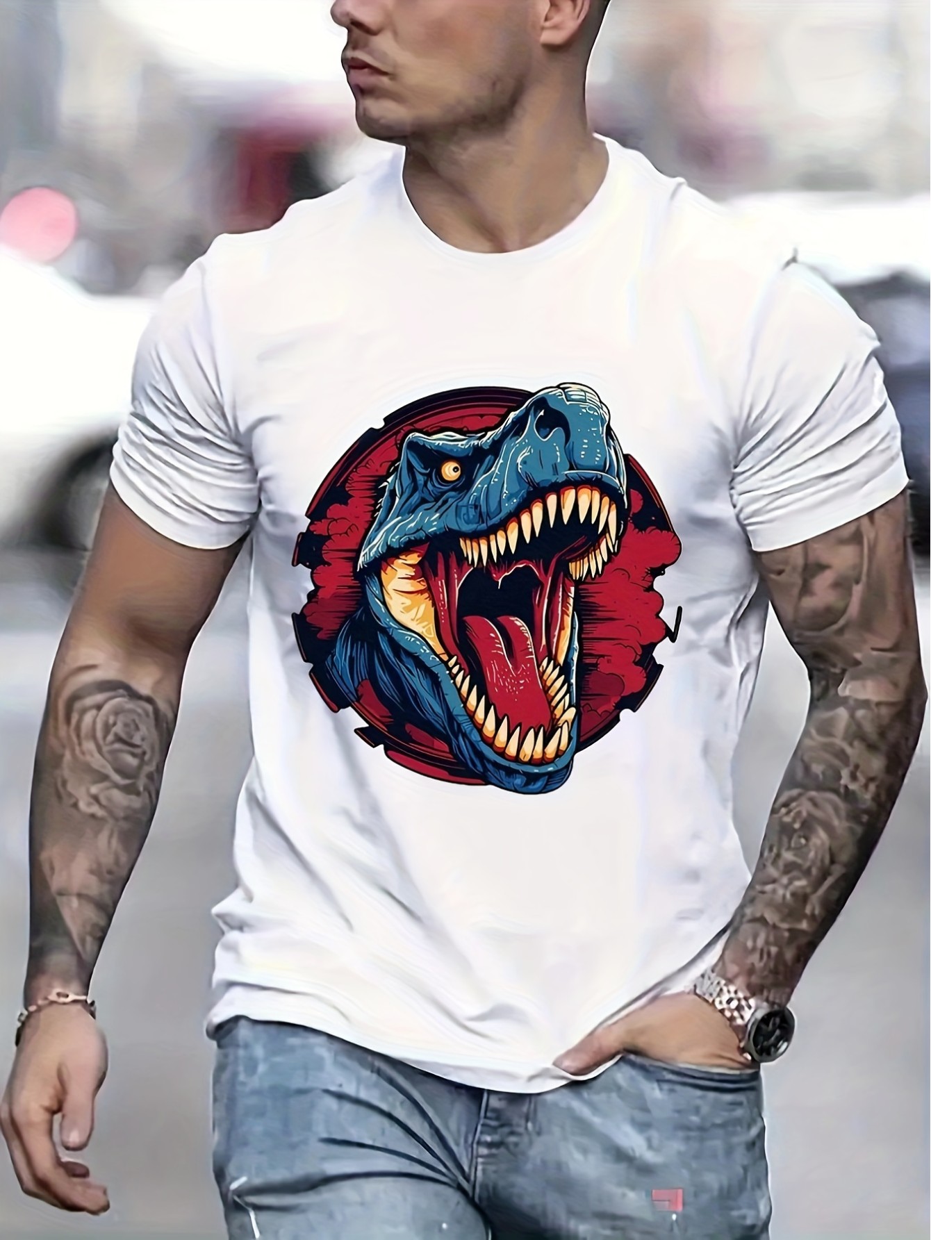 thumbnail image 1 of Dinosaur Print Men's Crew Neck Fashionable Short Sleeve Sports T-shirt, Comfortable And Versatile, For Summer And Spring, Athletic Style, Comfort Fit T-Shirt, As Gifts, 1 of 7