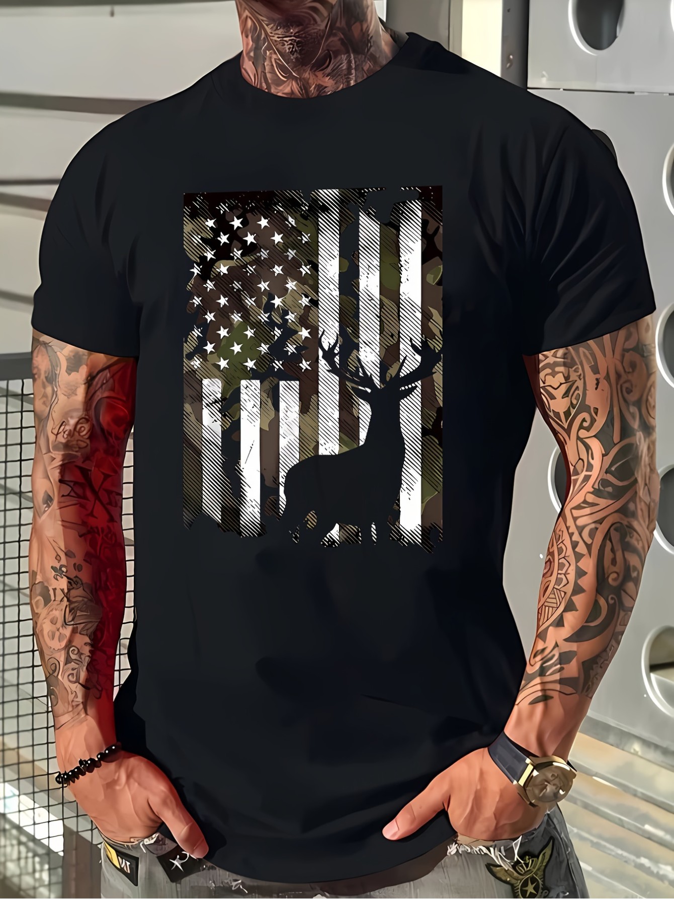 thumbnail image 1 of [Patriotic Deer Print Tee] Patriotic Deer Print T-Shirt - 95% Polyester 5% Spandex, Crew Neck, Short Sleeve, Regular Fit - Summer Knit Fabric Tee, 180gsm, 1 of 5