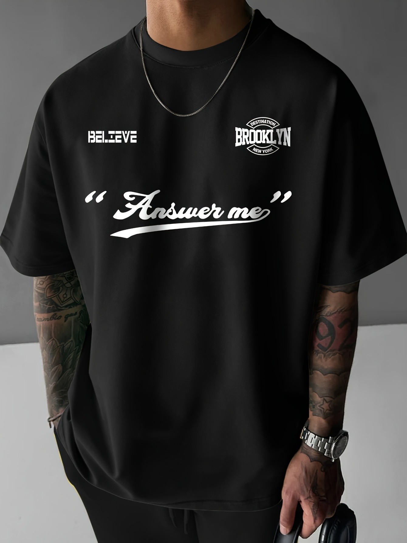 thumbnail image 1 of Believe Brooklyn Symmetrical Design Print, Men's Short Sleeve Round Collar Street Style T-shirt For Summer & Spring, 1 of 4