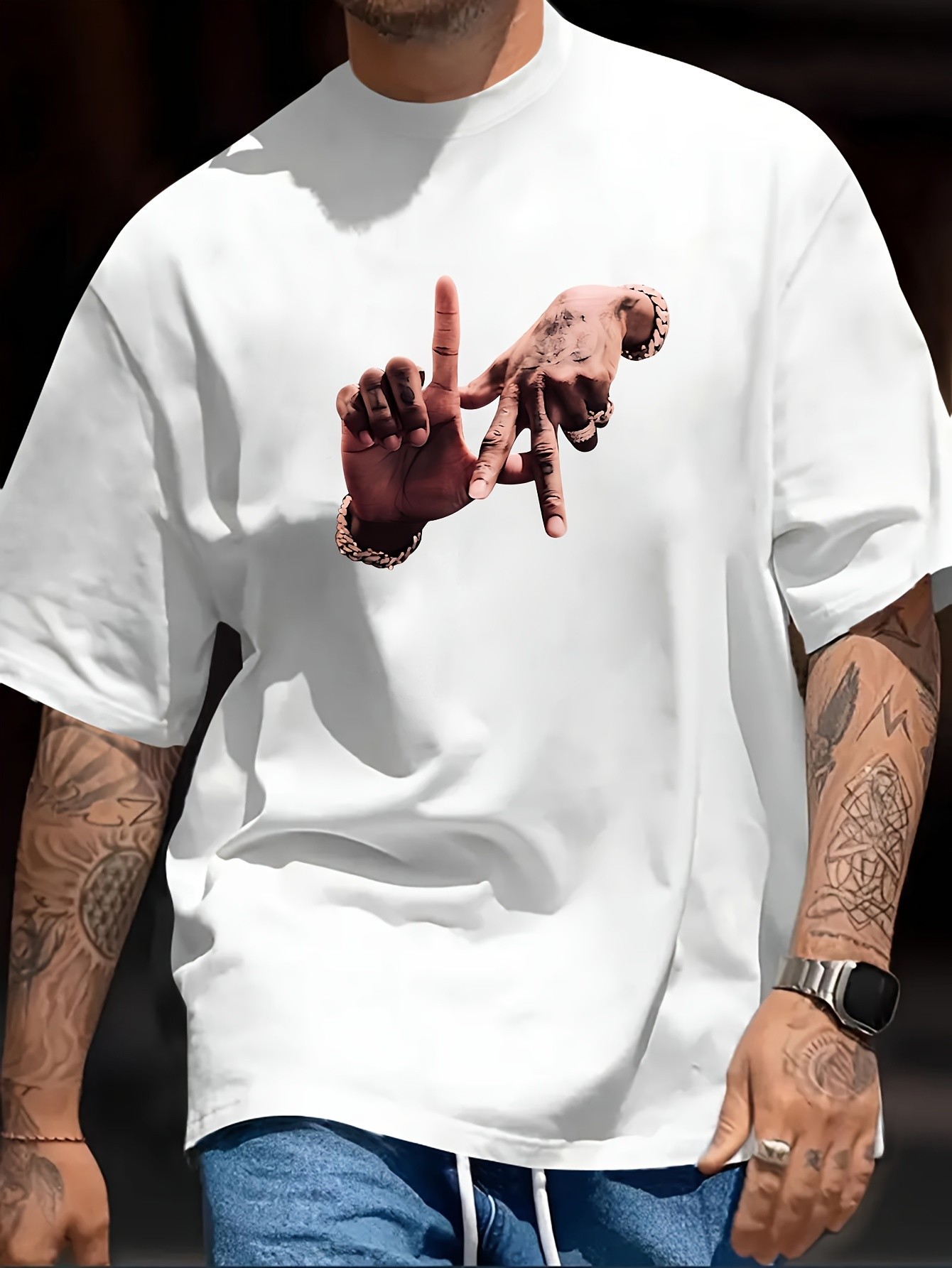 thumbnail image 1 of Simple Gesture Printed, Men's Casual Trendy Fashion Crew Neck T-shirt For Summer And Spring, 1 of 4