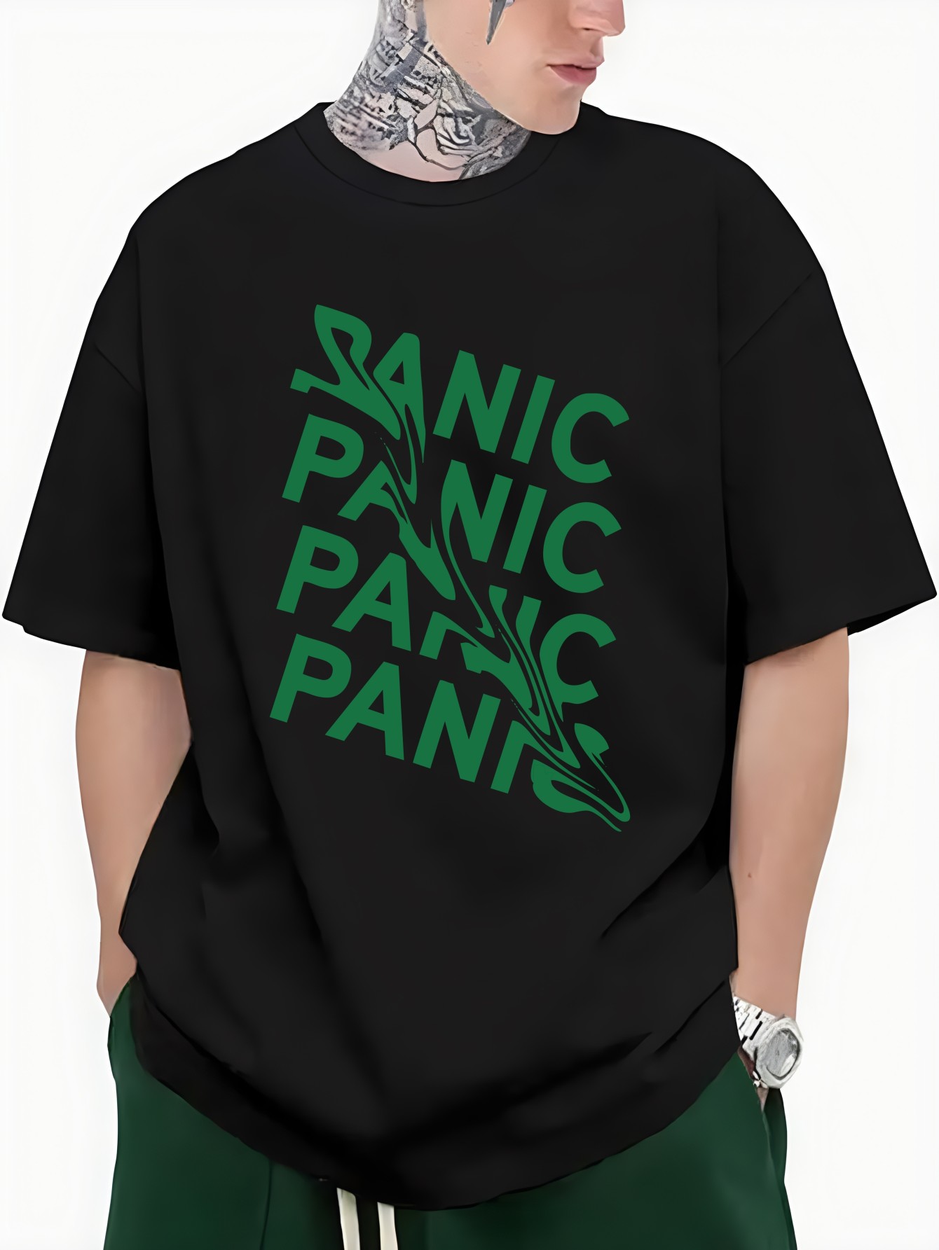 thumbnail image 1 of Men's Casual "PANIC" Print Short Sleeve T-Shirt, Summer Round Neck Knit Top, 1 of 4