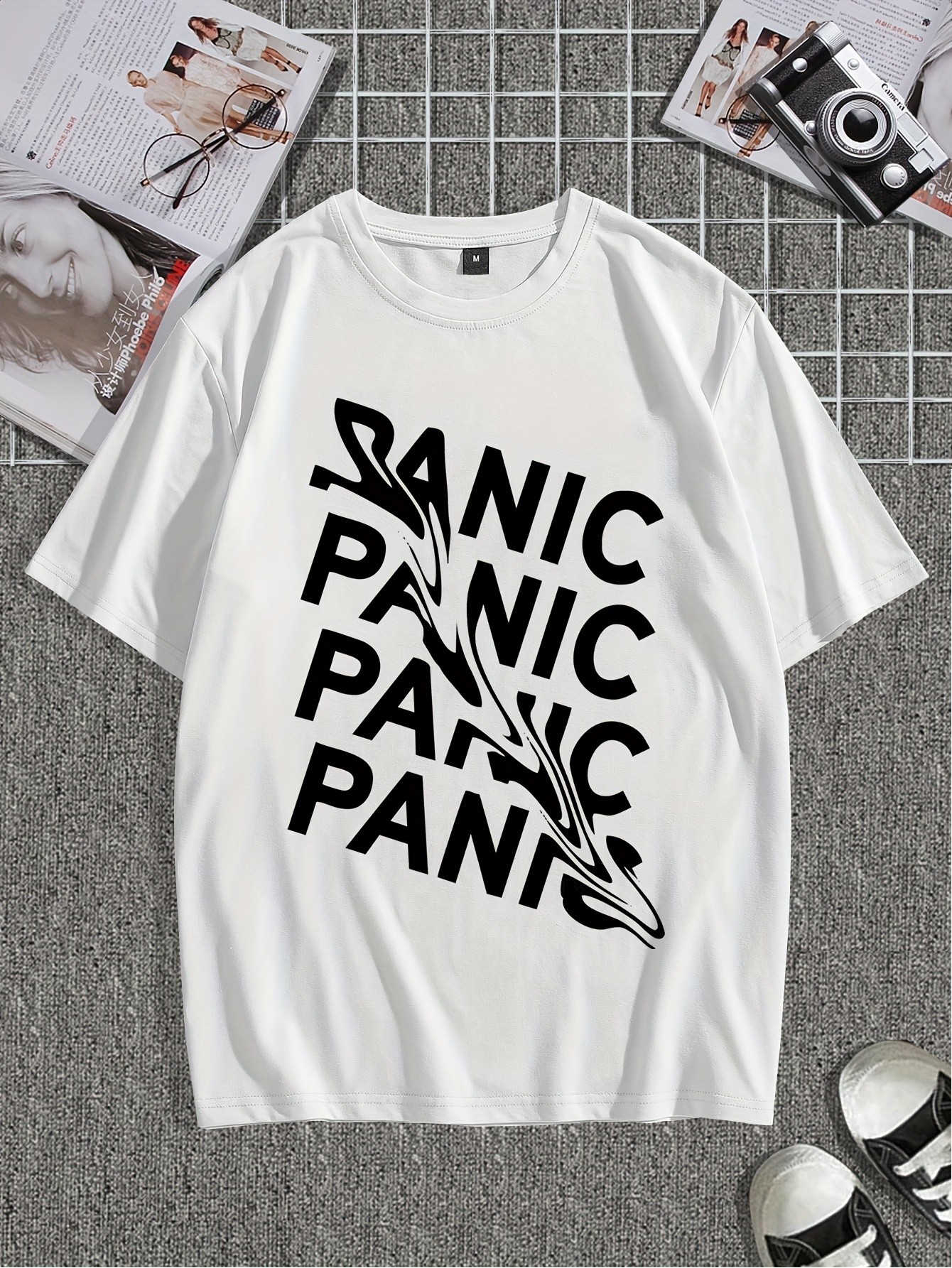 Men's Casual "PANIC" Print Short Sleeve T-Shirt, Summer Round Neck Knit Top