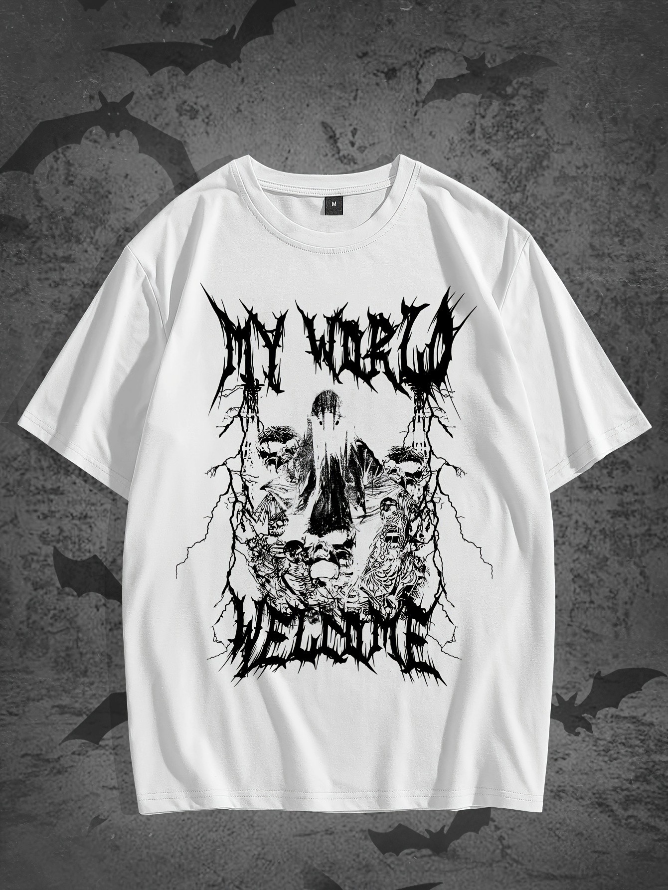 thumbnail image 1 of MY WORLD Lightning Skull Print Men's Fashion Comfy Breathable T-Shirt, New Casual Round Neck Short Sleeve Tee for Spring Summer Holiday Leisure Vacation Men's Clothing As Gift, 1 of 4