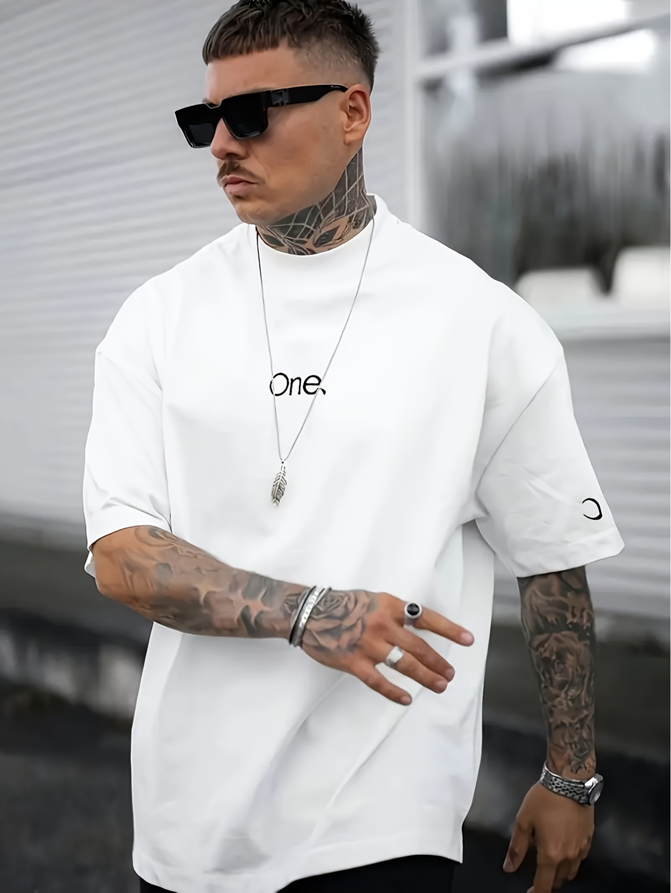 Men's Casual White T-Shirt - "ONE" Graphic Print, Polyester, Crew Neck, Short Sleeve, Machine Washable, Ideal for Summer Leisure Activities