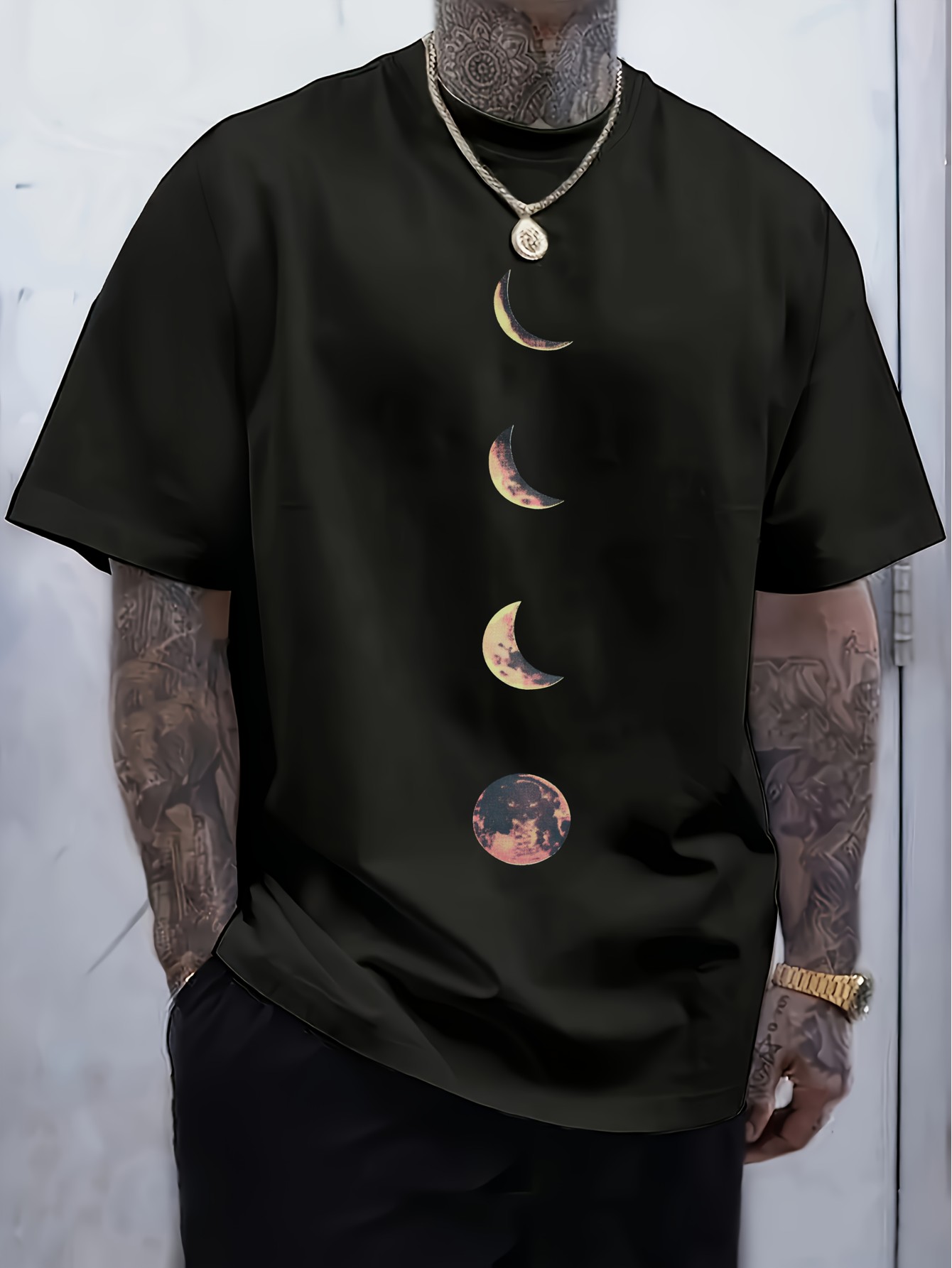 Men'S Casual Crew Neck T-Shirt, 100% Polyester Knit Fabric, Regular Fit, Short Sleeve, with Crescent Moon Graphic, for Daily & Weekend Casual Wear