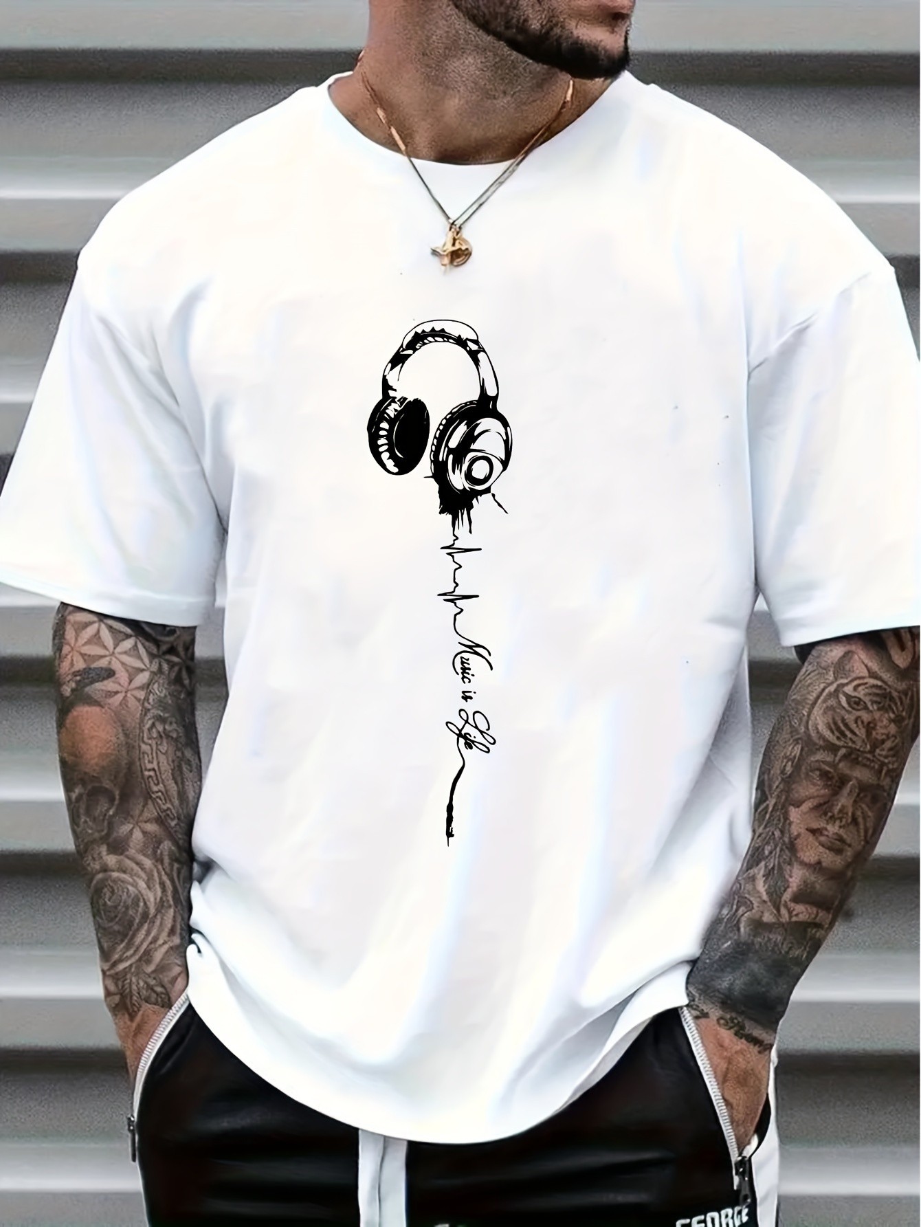 thumbnail image 1 of [Music Print, Casual Tee] Comfortable Music Print Short Sleeve T-shirt - Men's Casual Stretch Collar Top, 1 of 4