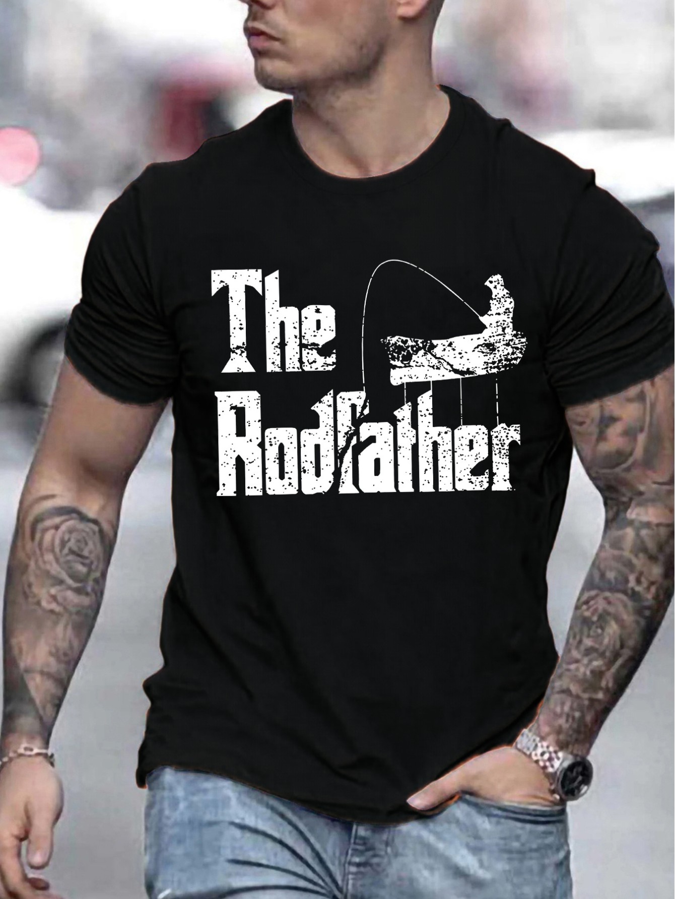 thumbnail image 1 of Polyester Slight Stretch Crew Neck Fishing Theme Casual T-Shirt with Rodfather Print for Men - Summer Wear, 1 of 5