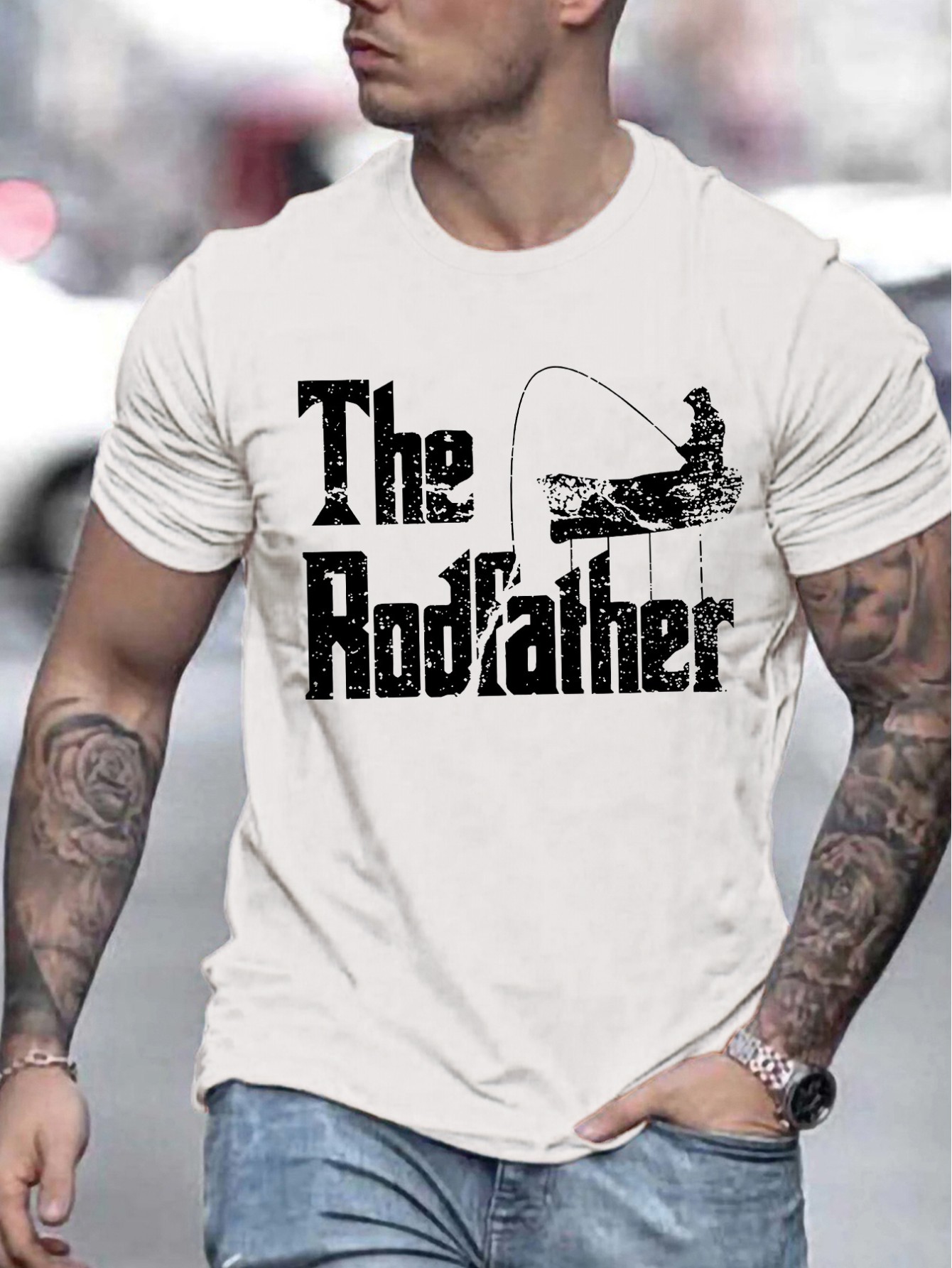 thumbnail image 1 of Polyester Slight Stretch Crew Neck Fishing Theme Casual T-Shirt with Rodfather Print for Men - Summer Wear, 1 of 5