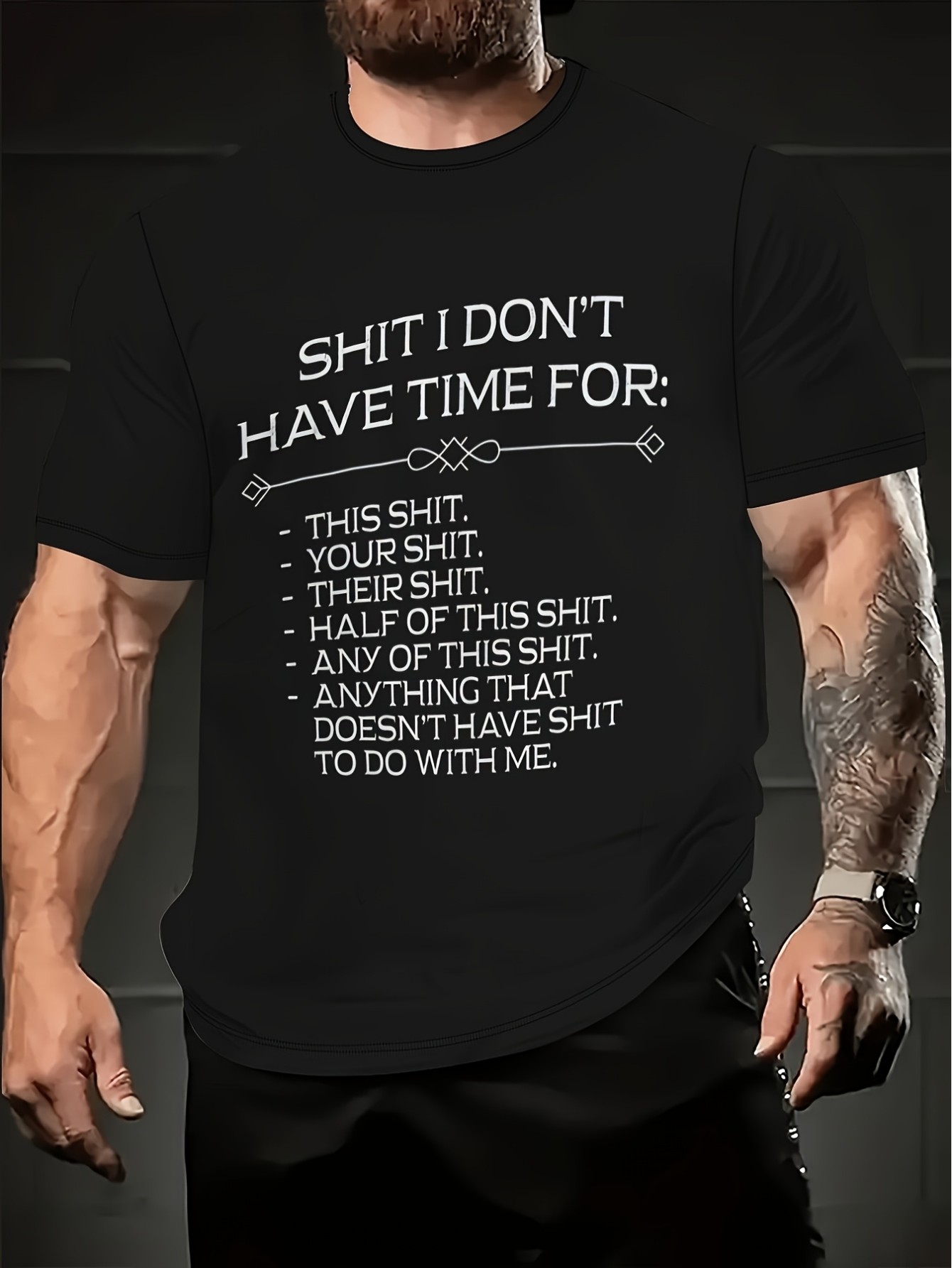 thumbnail image 1 of Plus Size Casual Sports T-Shirt - Crew Neck Polyester Knit with Slight Stretch, Regular Fit Graphic Tee - "Shit I Don't Have Time For" Print, 1 of 4