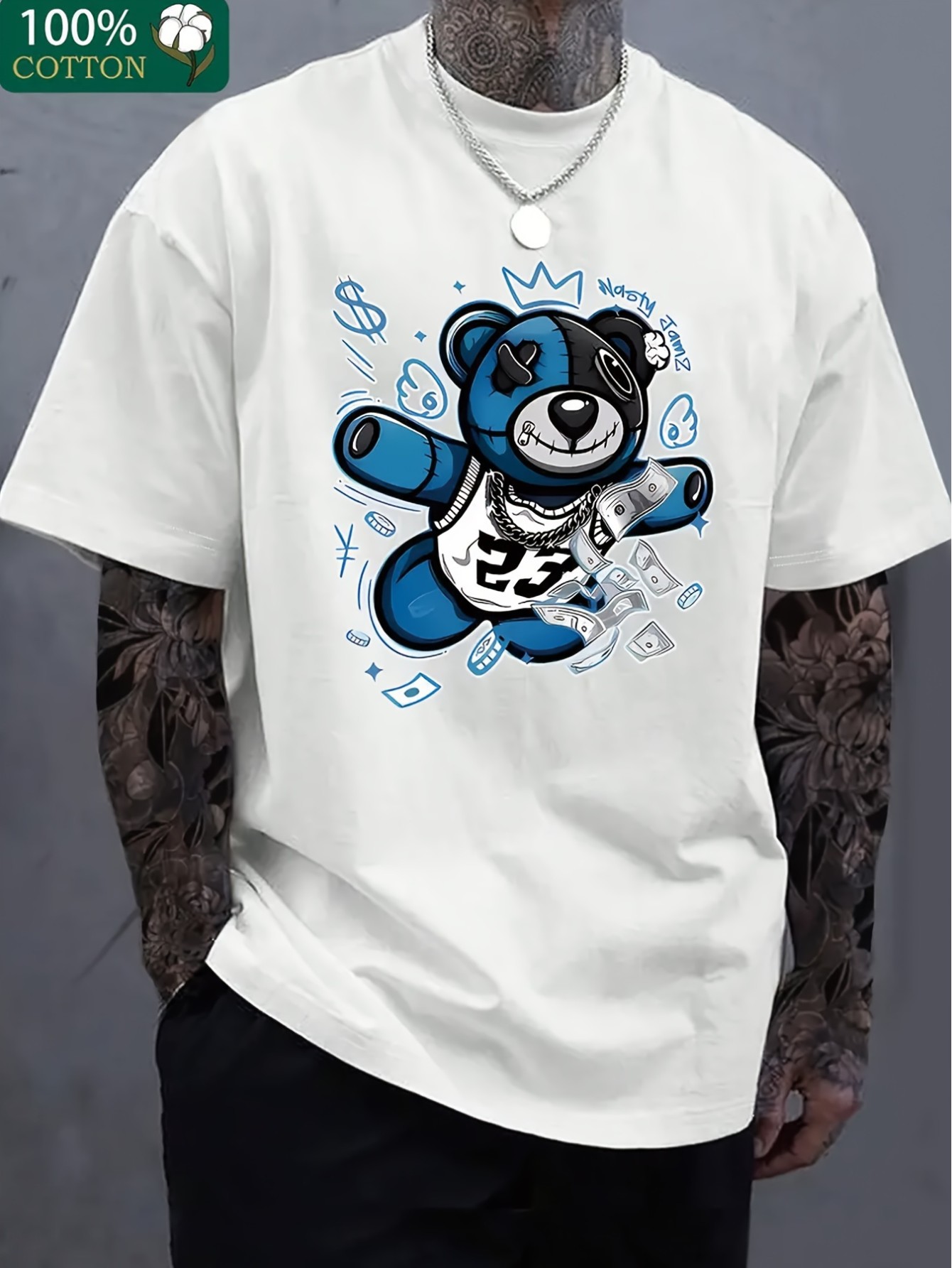 thumbnail image 1 of [Bear And Money Fly T-shirt] Premium Bear And Money Fly Pattern Print T-shirt - Men's Fashionable Casual Thick Pure Cotton Short Sleeved Round Neck, 1 of 7